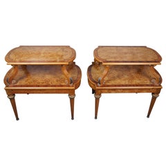2 Henredon French Empire Olive Ashwood Burled Side Tables 2-Tier Neoclassical