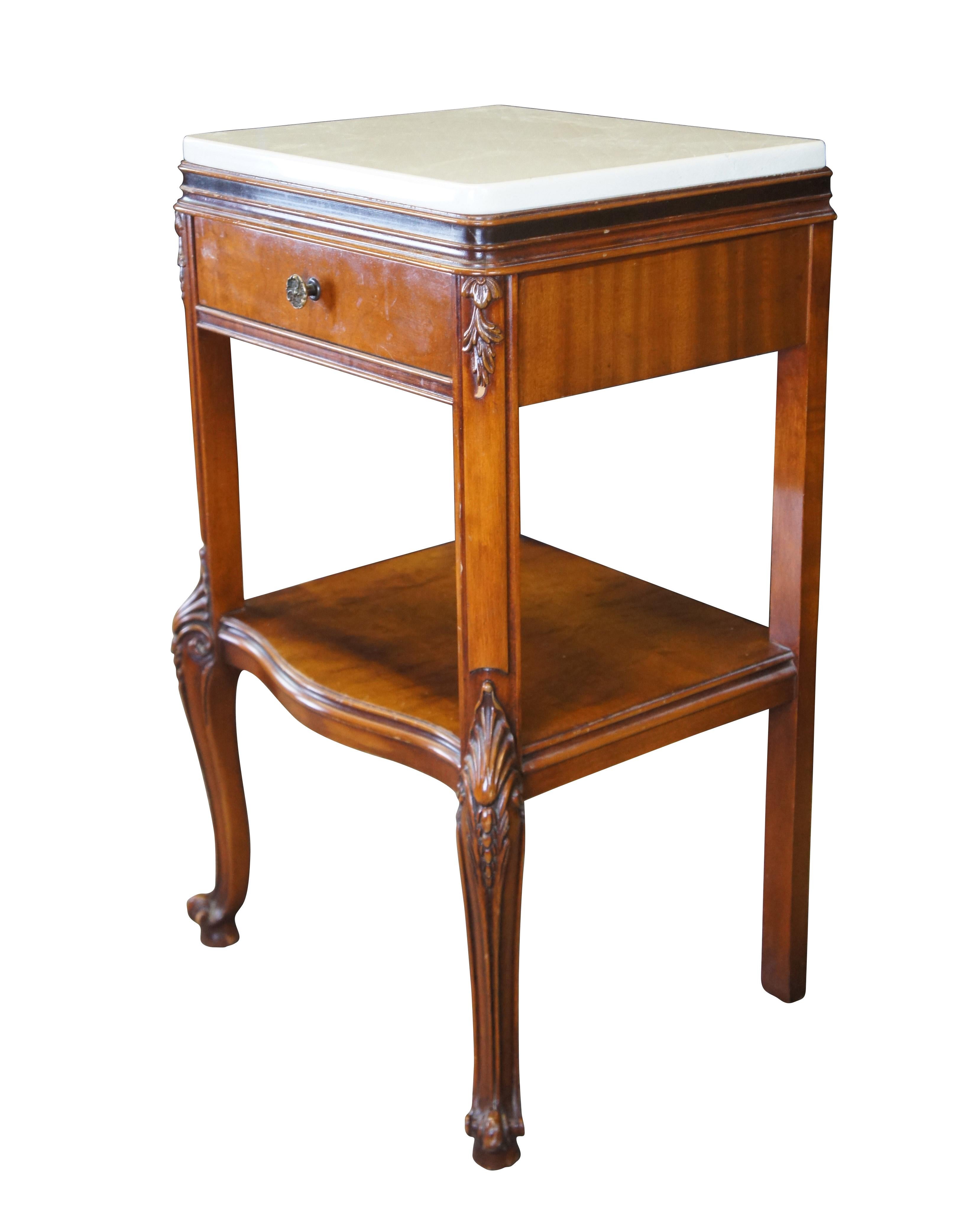 20th Century 2 Henredon French Provincial Walnut Marble Tiered Side End Tables Nightstands