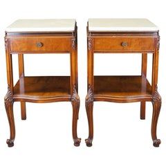 2 Henredon French Provincial Walnut Marble Tiered Side End Tables Nightstands