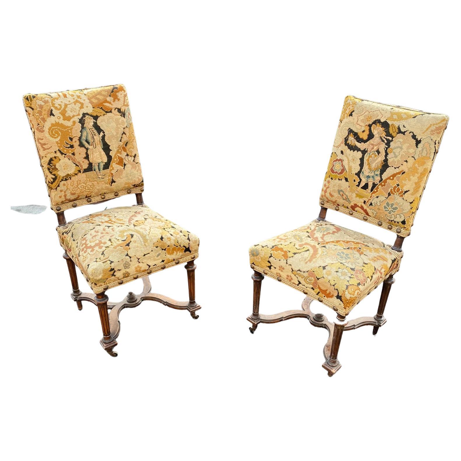 2 Stühle im Stil von Henri 2, mit schönen Wandteppichen, um 1900 im Angebot