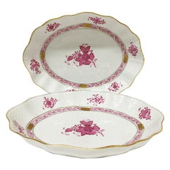 Vintage 2 Herend Hungary Porcelain "Chinese Bouquet Raspberry" Oval Dishes