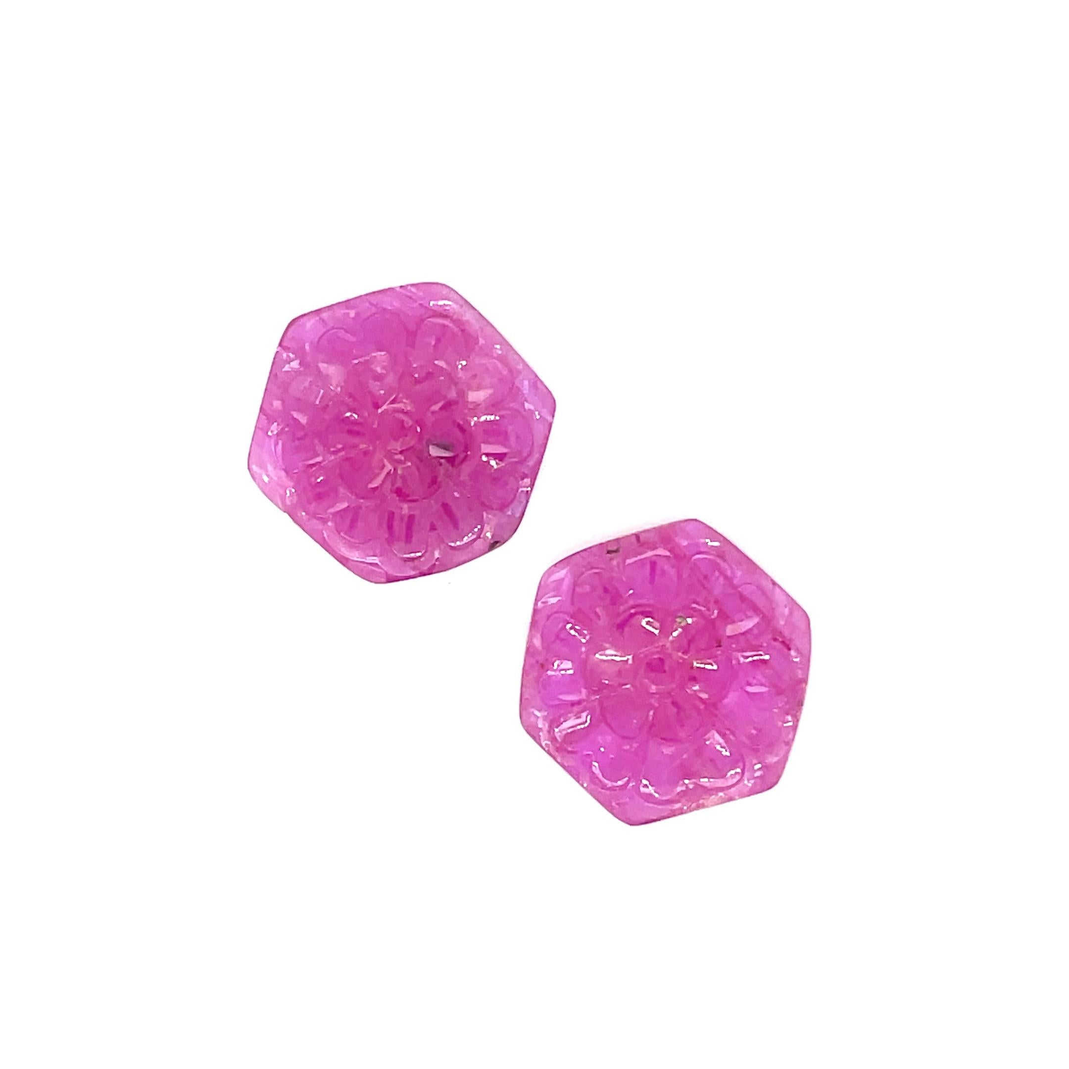 Hexagon Cut 2 Hexagon-Shaped Ruby Carvings Cts 17.47 For Sale