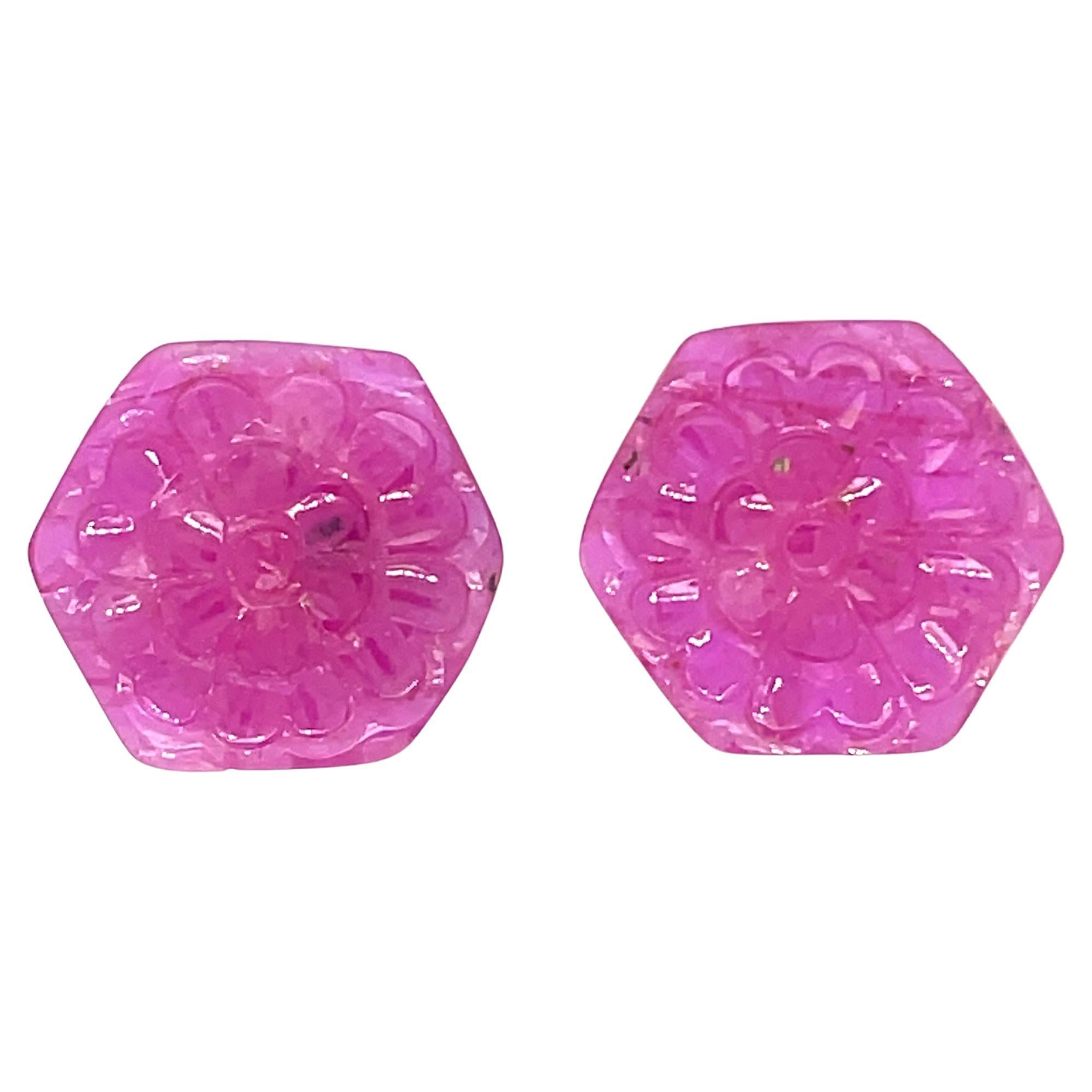 2 Hexagon-Shaped Ruby Carvings Cts 17.47 For Sale