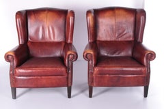 2 High Wingback Armchairs Sheepskin Leather Dutch Design
