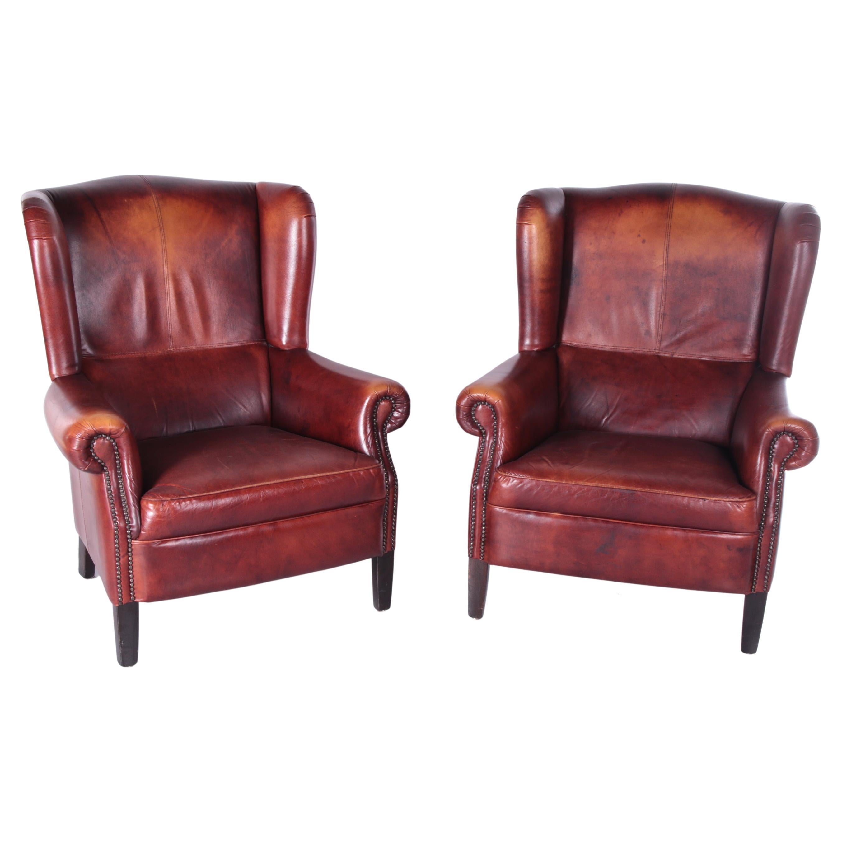 2 High Wingback Armchairs Sheepskin Leather Dutch Design