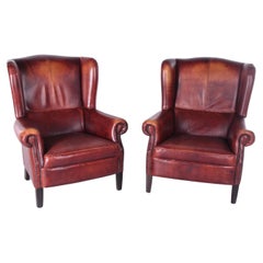 2 High Wingback Armchairs Sheepskin Leather Dutch Design