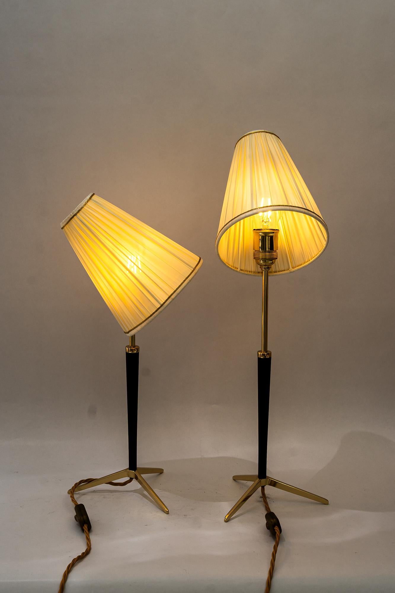 Brass 2 hight adjustable J.T.Kalmar table lamps with fabric shades vienna around 1950s For Sale
