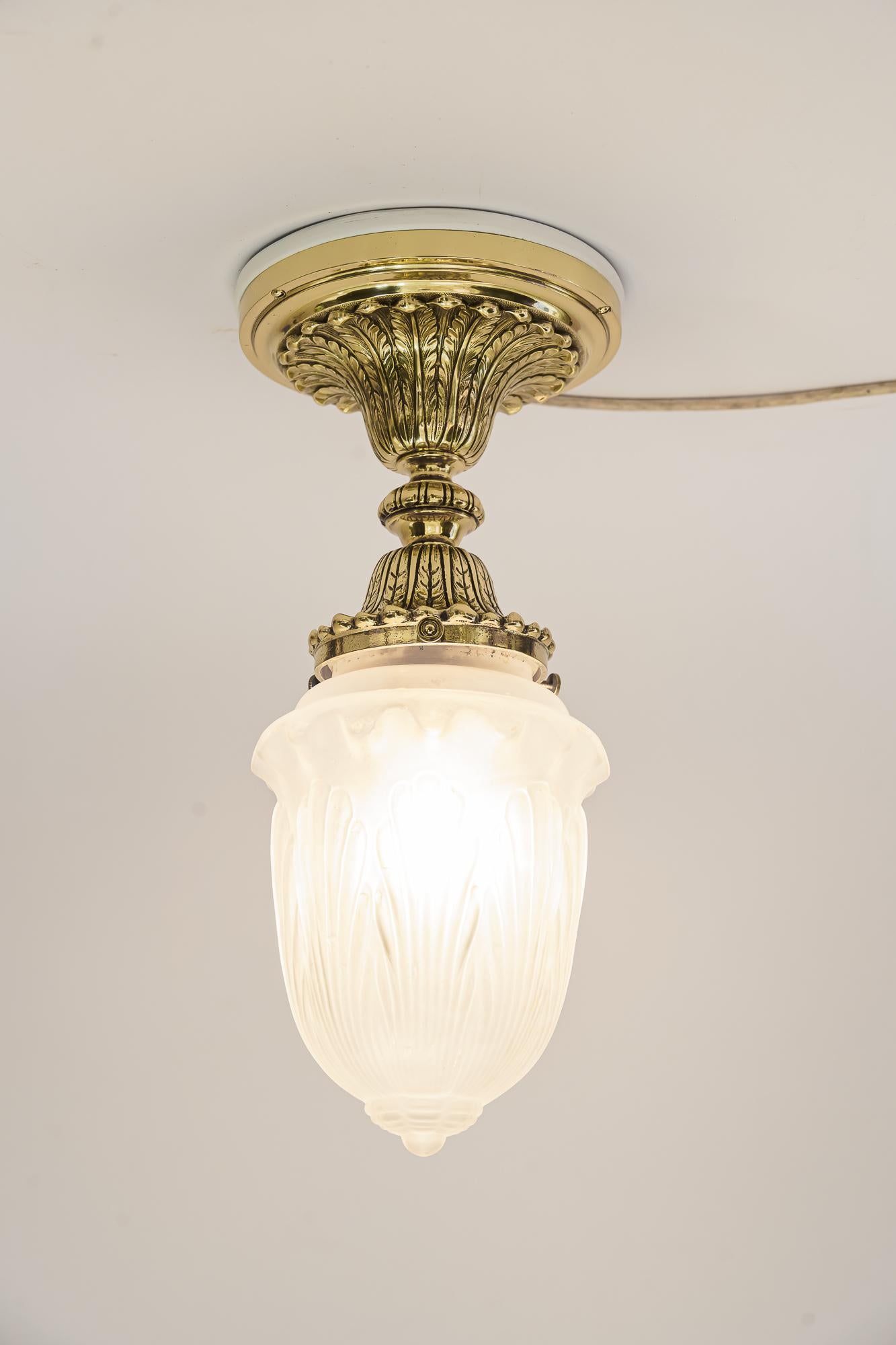 Brass 2 Historistic Ceiling Lamps with Original Old Glass Shades Vienna Around 1890s For Sale