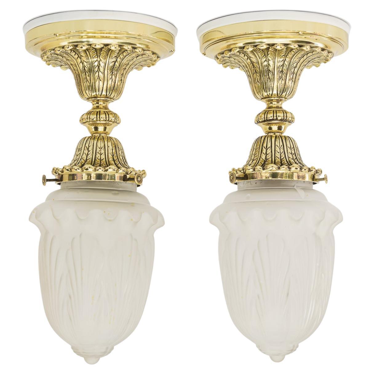 2 Historistic Ceiling Lamps with Original Old Glass Shades Vienna Around 1890s For Sale