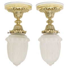 2 Historistische Deckenlampen mit Original Altglasschirmen Wien um 1890