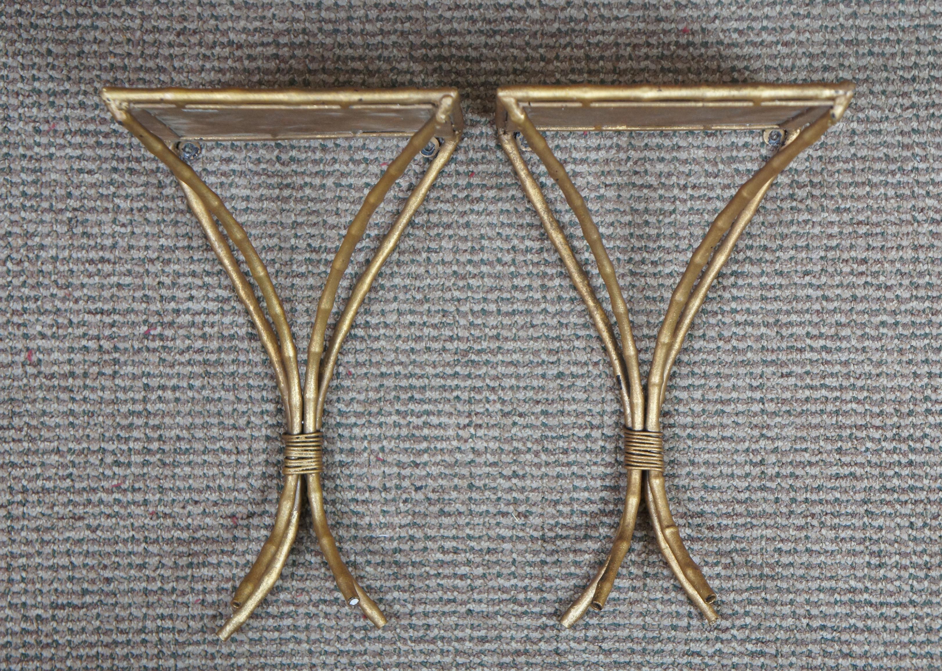 2 Hollywood Regency Faux Bamboo Gold Mirrored Wall Shelf Sconce Pair Boho Chic In Good Condition In Dayton, OH