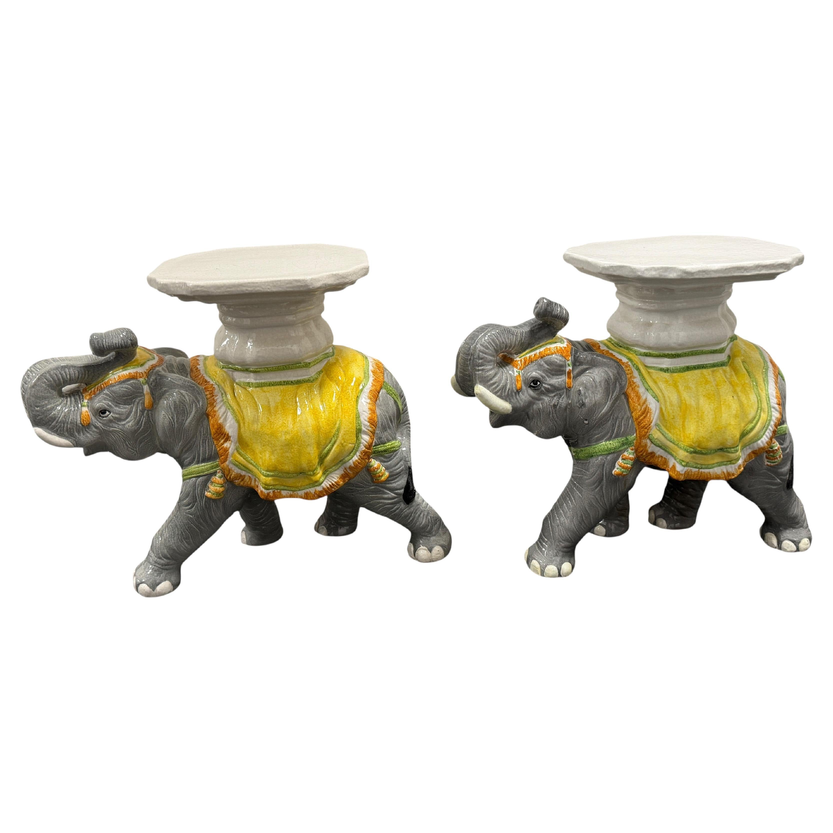 2 Hollywood Regency Italian Terracotta Elephant Garden Stool Plant Stand or Seat