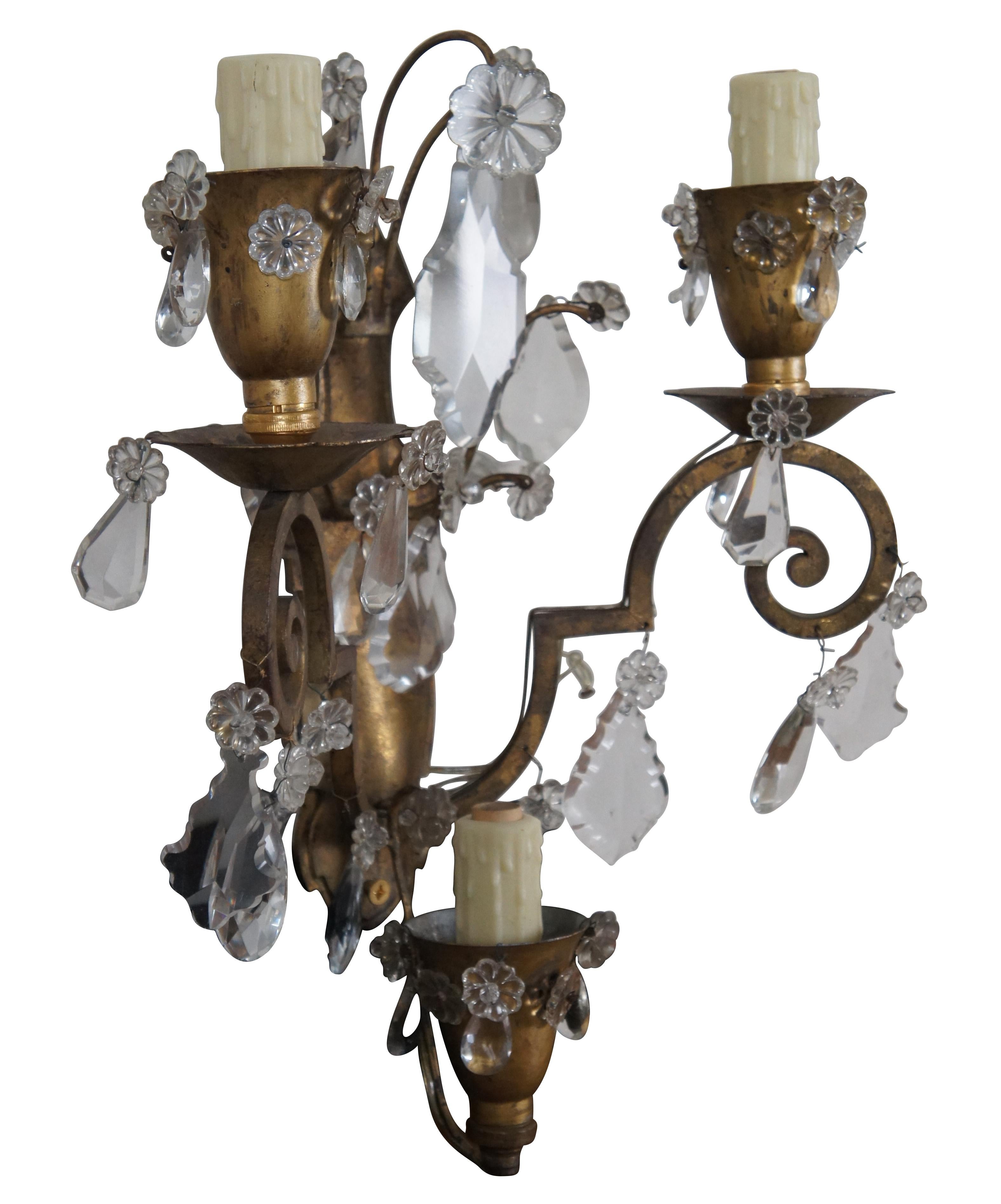 2 Hollywood Regency Scrolled Brass & Cut Crystal 3 Light Candelabra Wall Sconces In Good Condition For Sale In Dayton, OH