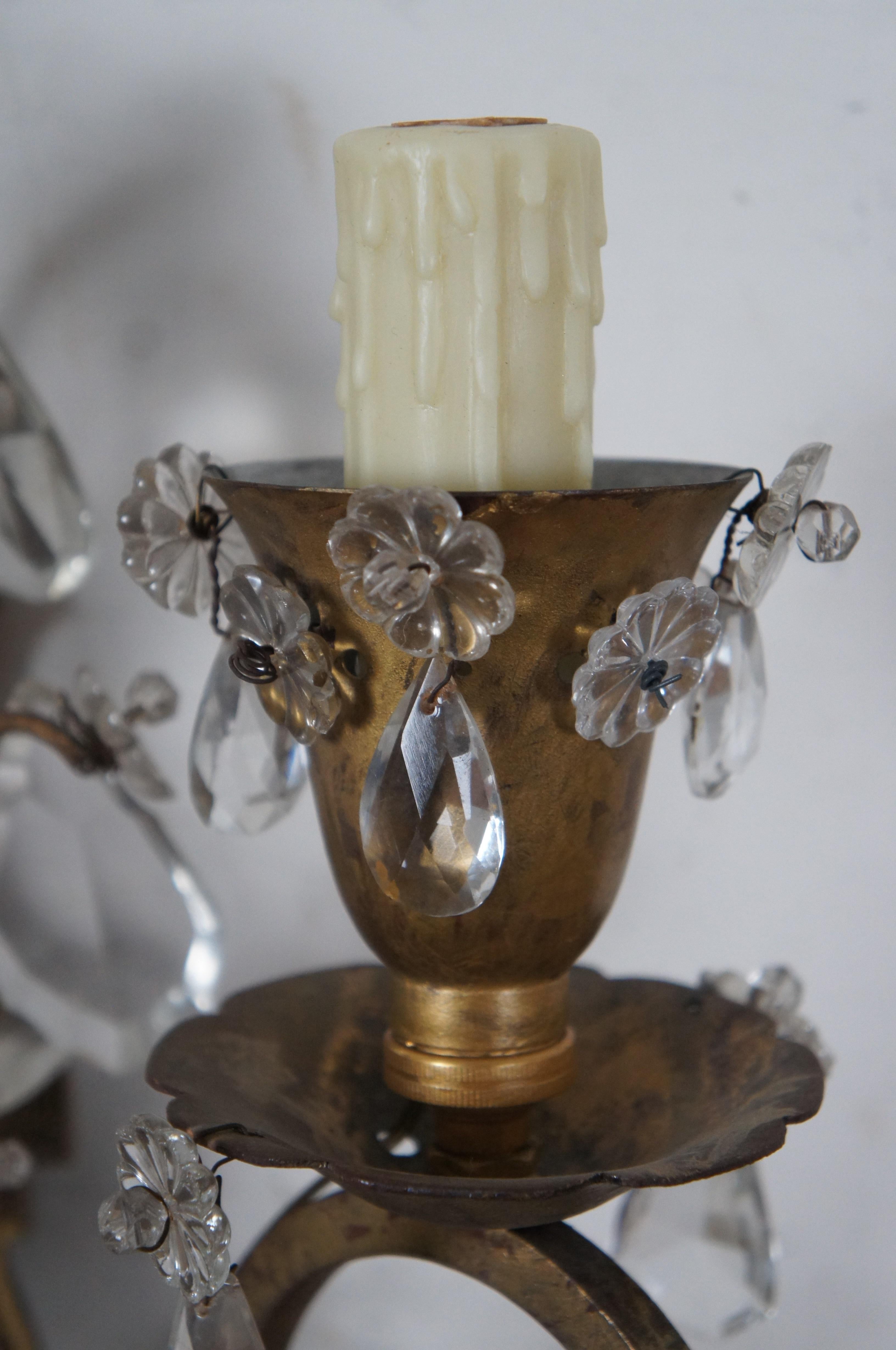 20th Century 2 Hollywood Regency Scrolled Brass & Cut Crystal 3 Light Candelabra Wall Sconces For Sale