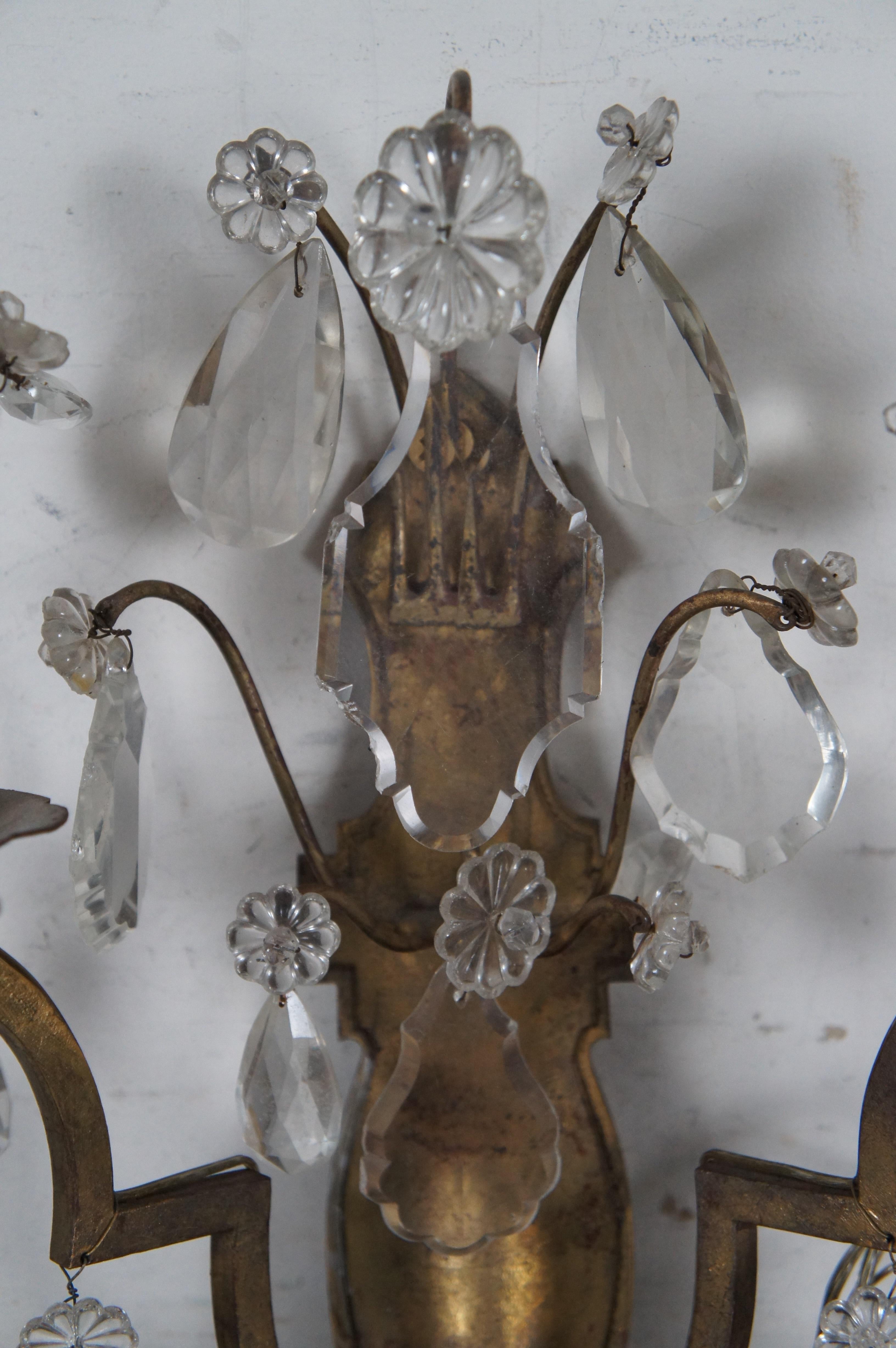 2 Hollywood Regency Scrolled Brass & Cut Crystal 3 Light Candelabra Wall Sconces For Sale 1