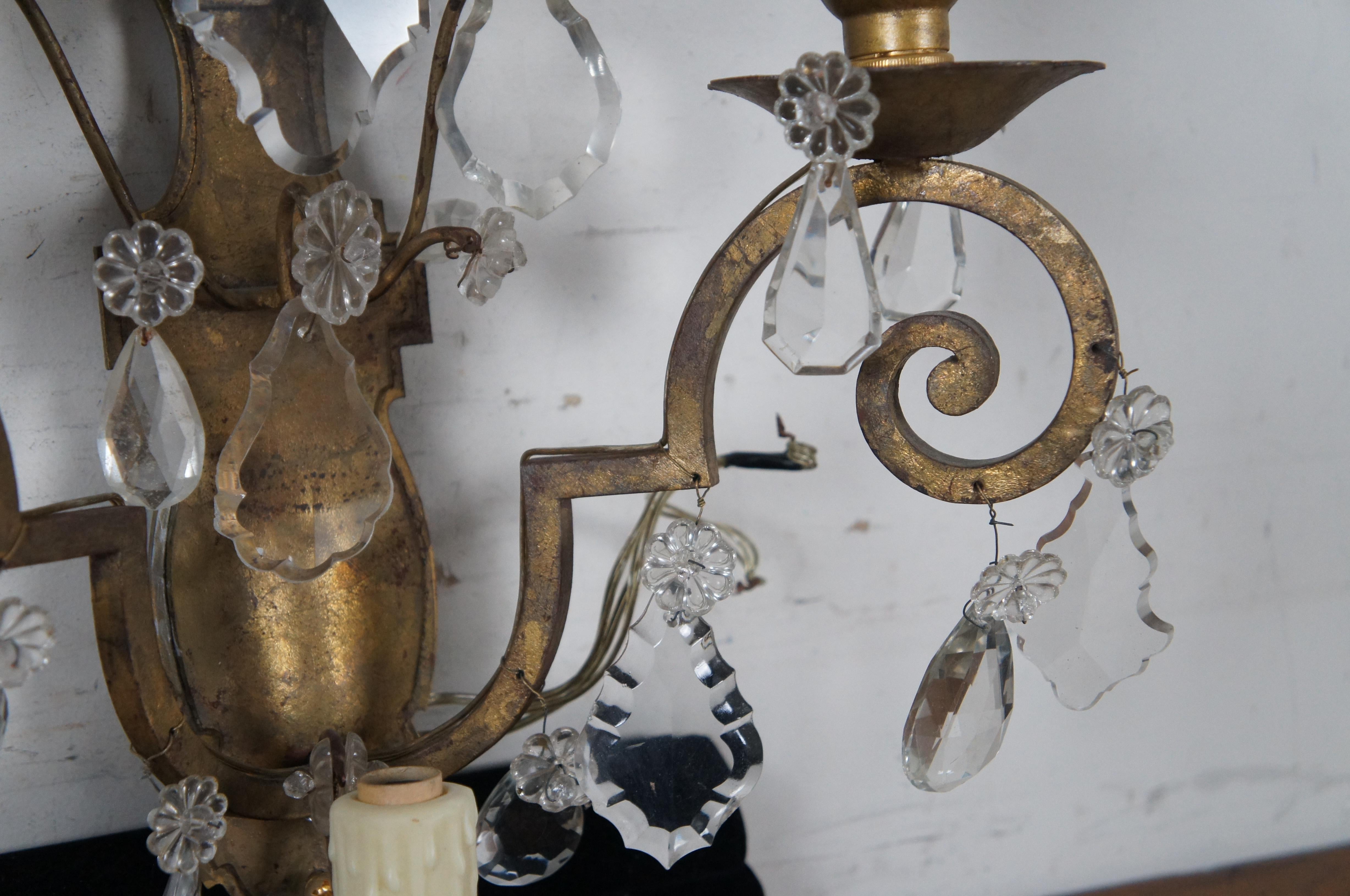 2 Hollywood Regency Scrolled Brass & Cut Crystal 3 Light Candelabra Wall Sconces For Sale 2