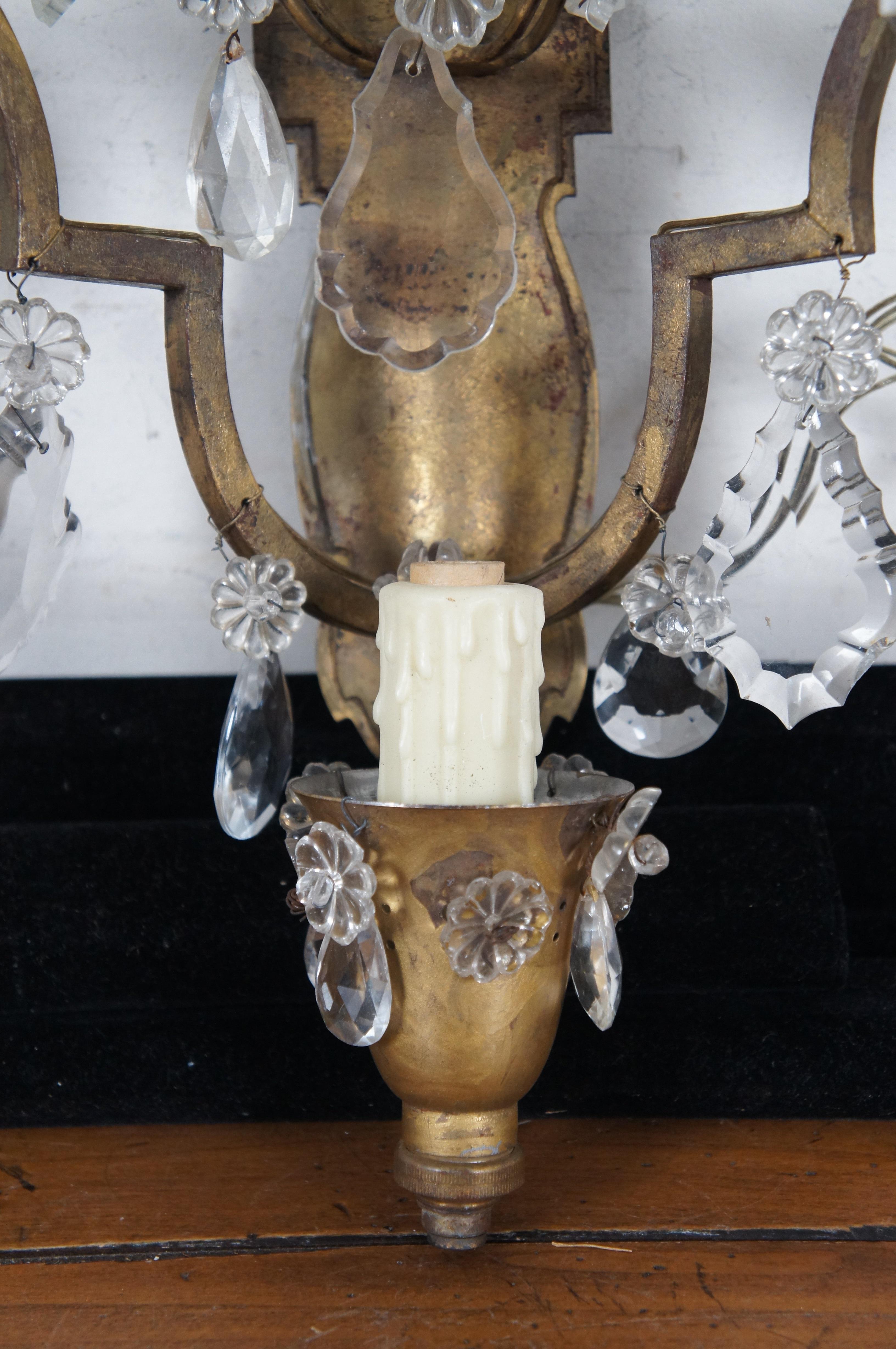 2 Hollywood Regency Scrolled Brass & Cut Crystal 3 Light Candelabra Wall Sconces For Sale 3