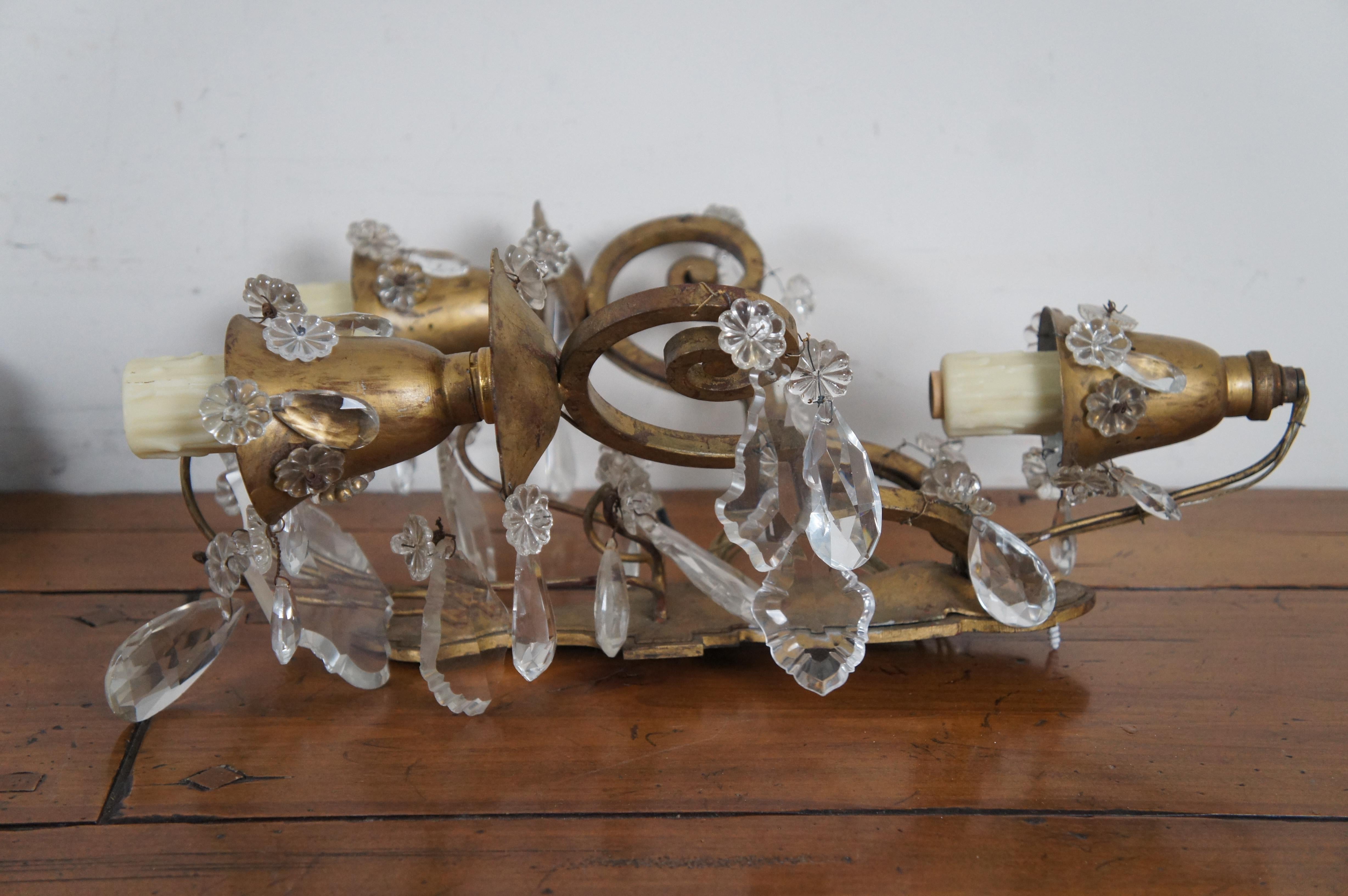 2 Hollywood Regency Scrolled Brass & Cut Crystal 3 Light Candelabra Wall Sconces For Sale 4