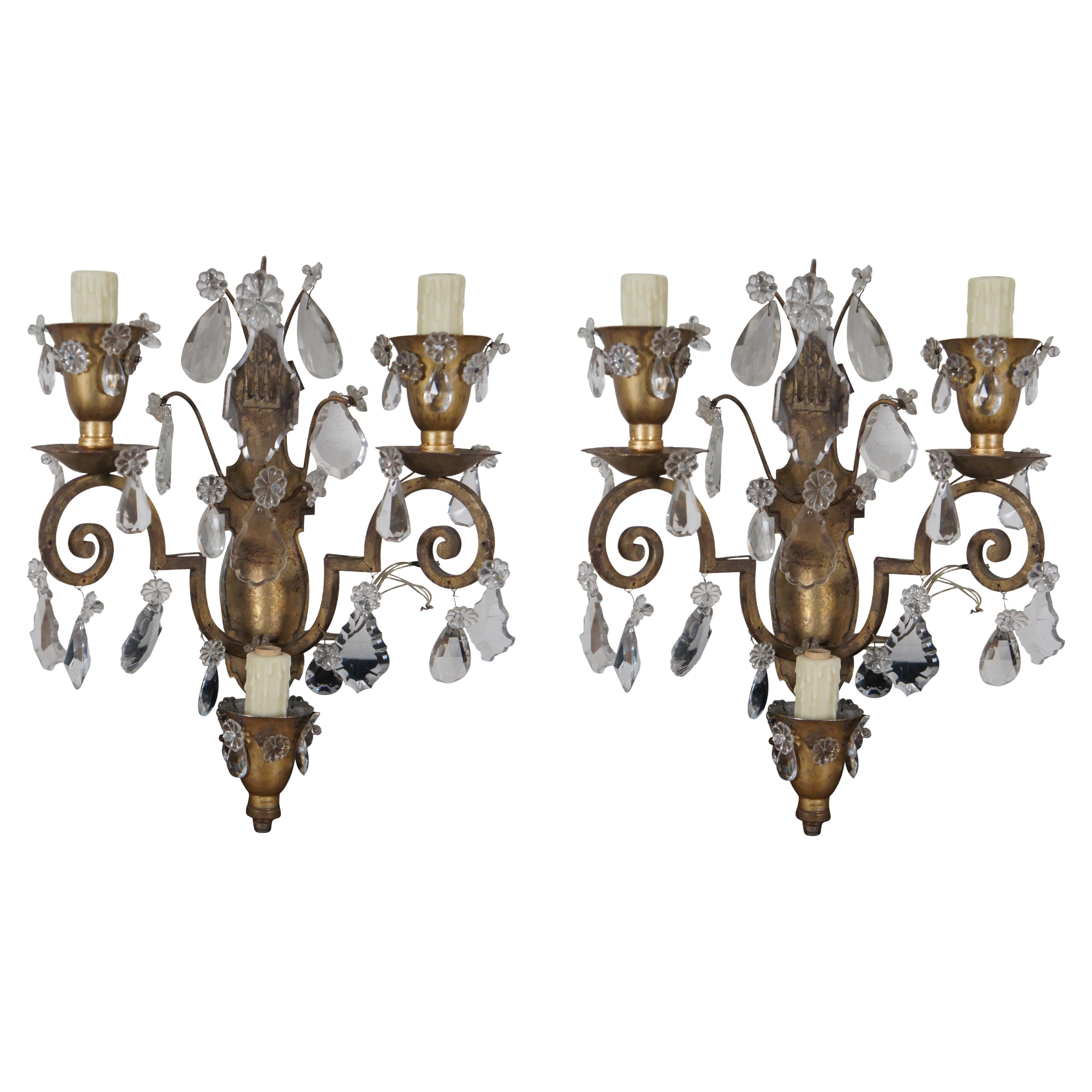 2 Hollywood Regency Scrolled Brass & Cut Crystal 3 Light Candelabra Wall Sconces For Sale