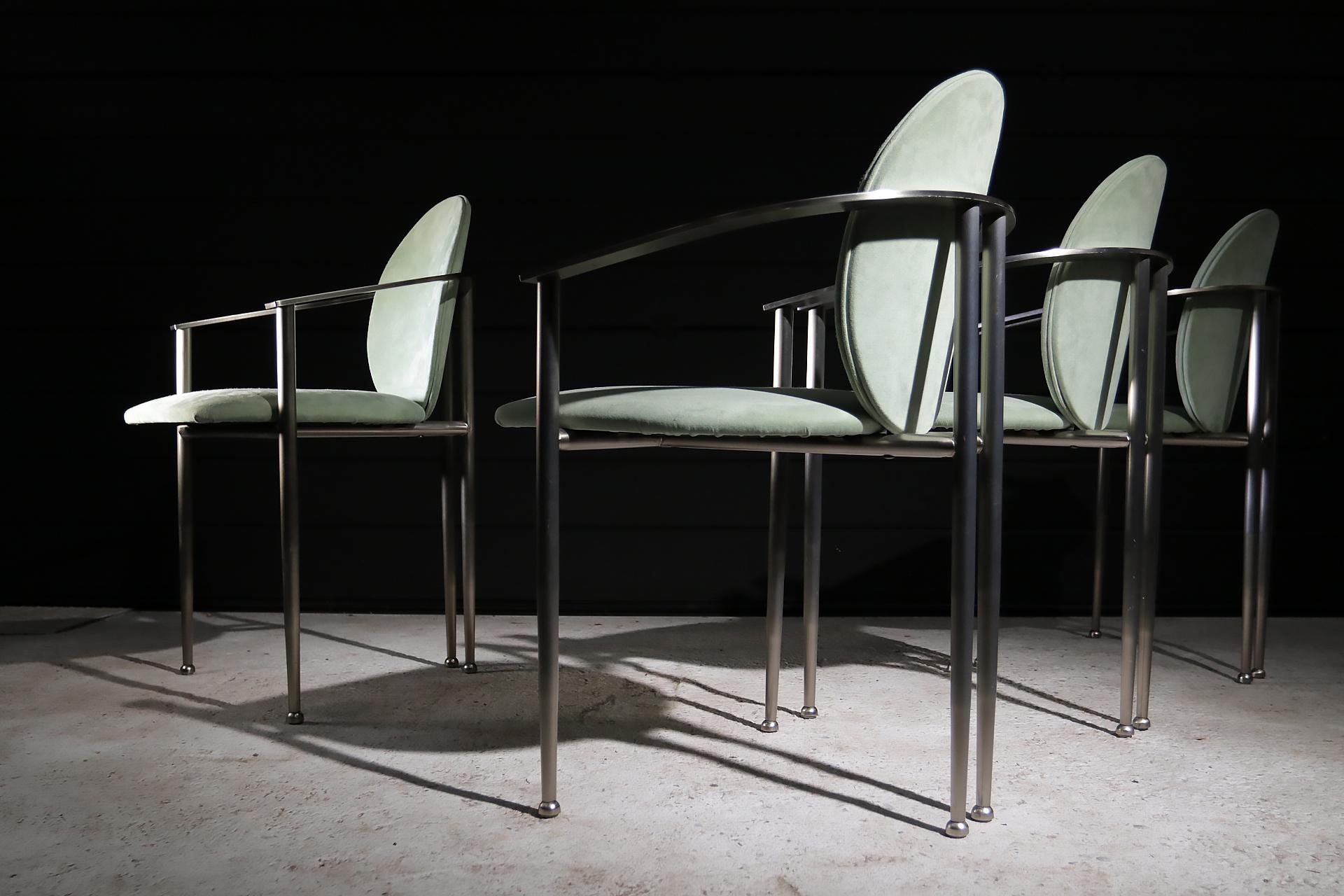 Brushed 2 Hollywood Regency Style Belgo Chrom Chairs Mint Green, 1980
