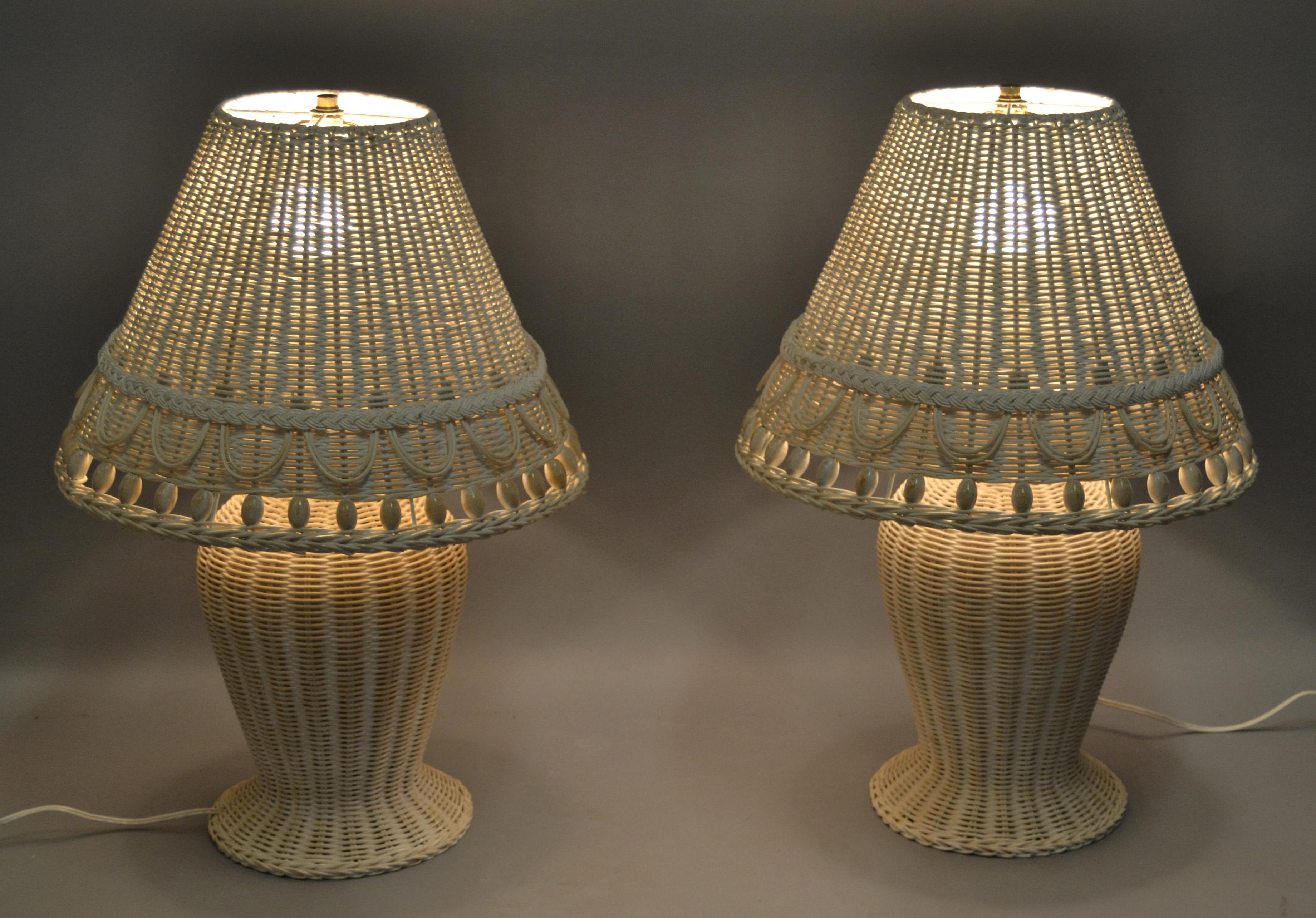 2 Hollywood Regency Vintage White Bleached Handwoven Wicker & Beaded Table Lamp For Sale 2