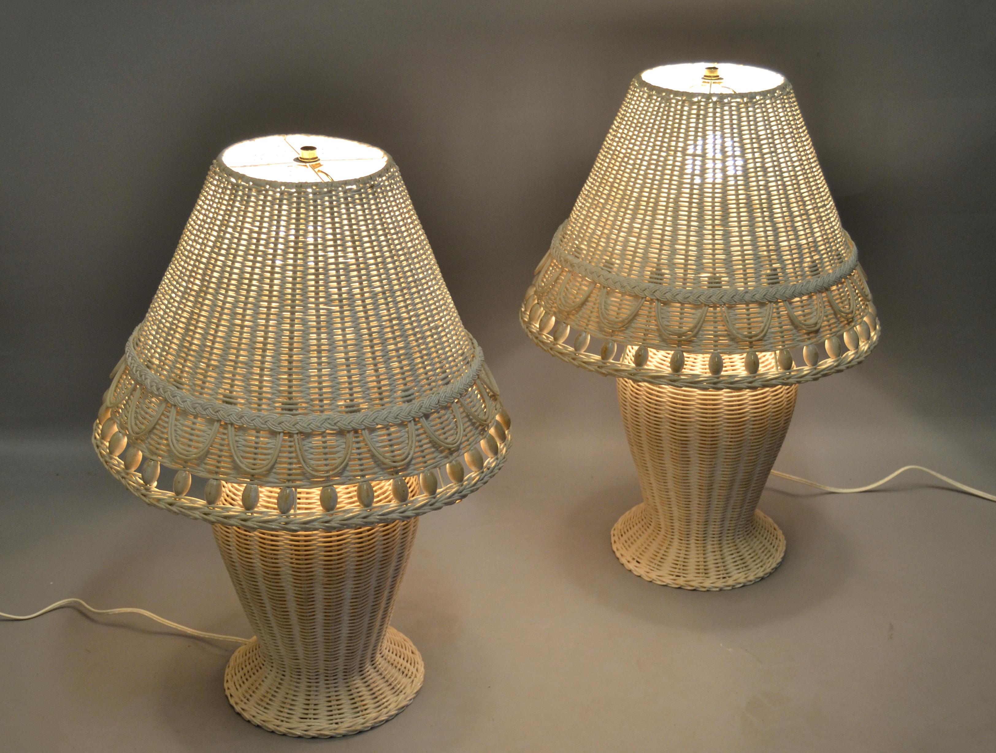 2 Hollywood Regency Vintage White Bleached Handwoven Wicker & Beaded Table Lamp For Sale 3