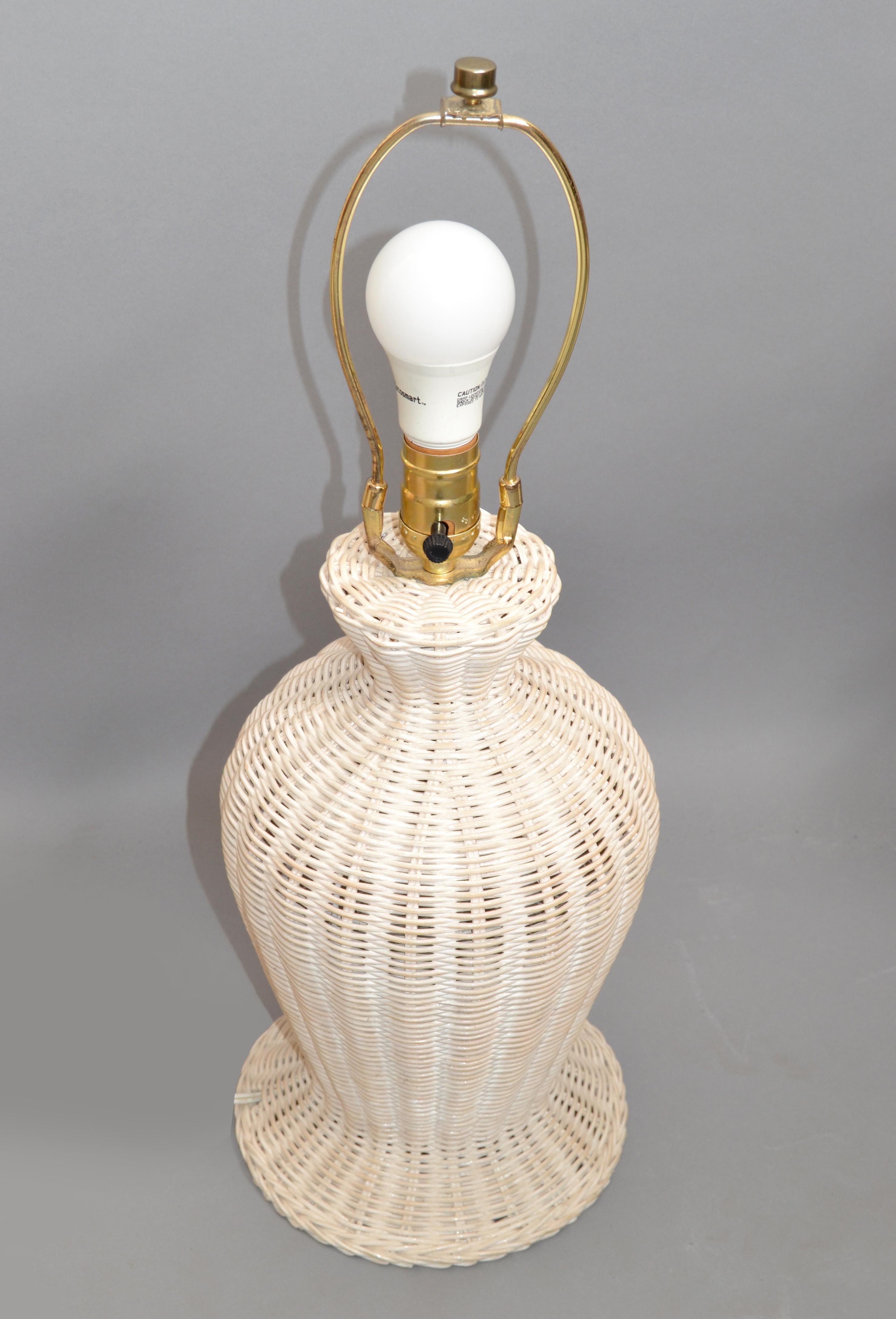 Hand-Woven 2 Hollywood Regency Vintage White Bleached Handwoven Wicker & Beaded Table Lamp For Sale