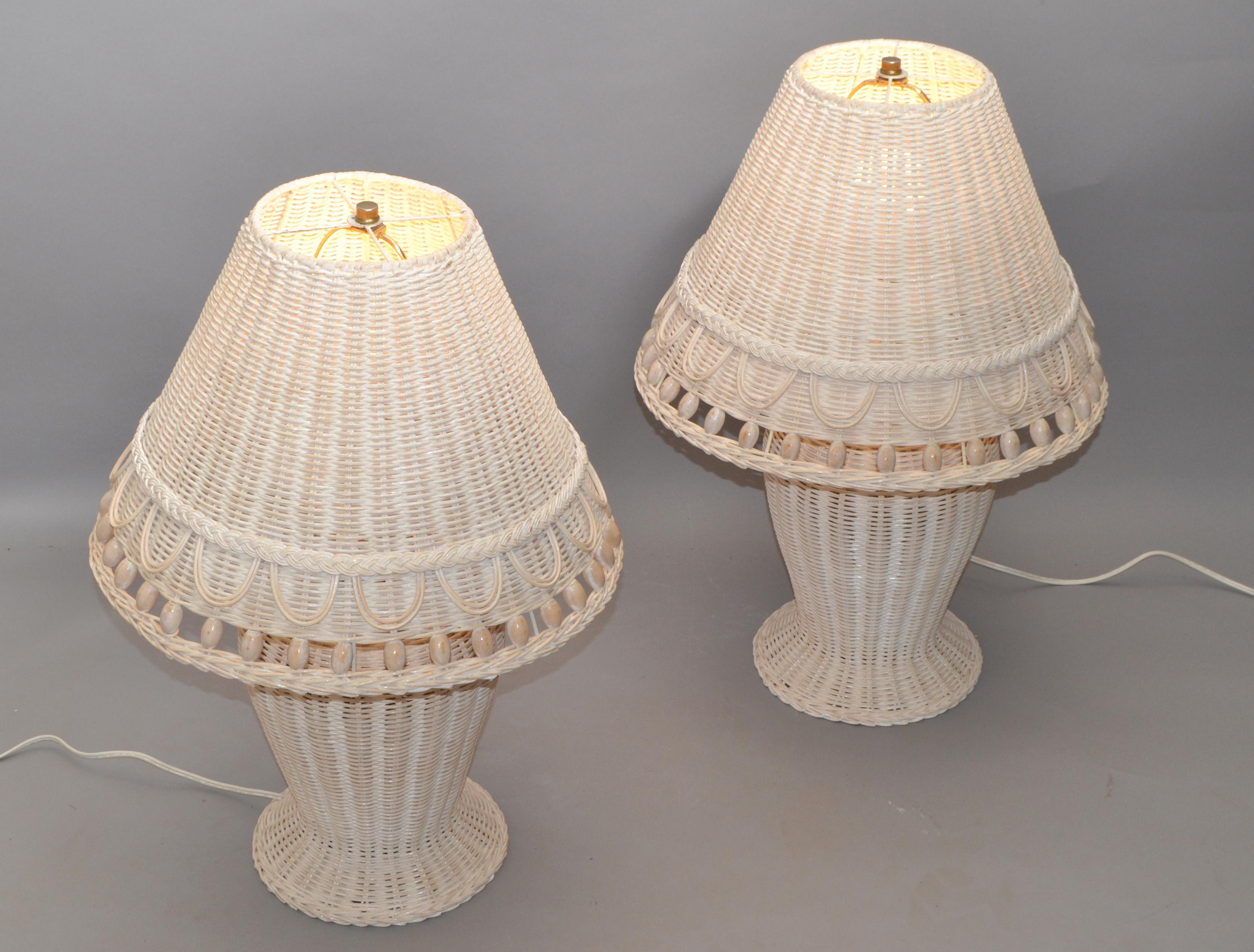 2 Hollywood Regency Vintage White Bleached Handwoven Wicker & Beaded Table Lamp For Sale 1