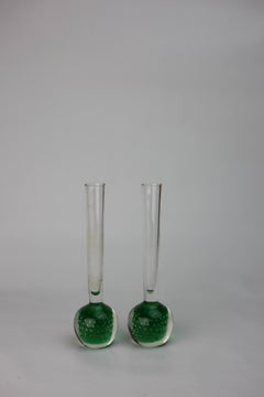 2 Holmegaard 'Orchid' Green Bobbl Base And Clear Glass Stem ''One Flower Vase''