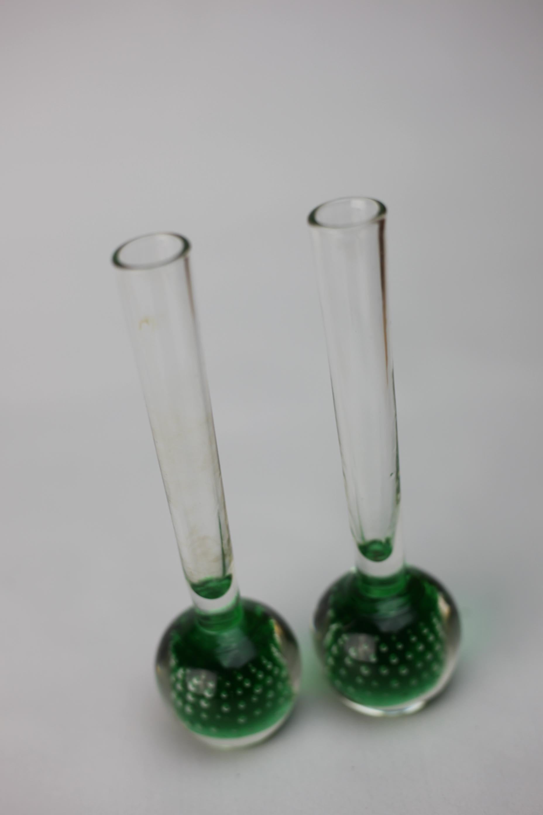 Mid-Century Modern 2 Holmegaard 'Orchid' Green Bobbl Base And Clear Glass Stem ''One Flower Vase''  For Sale