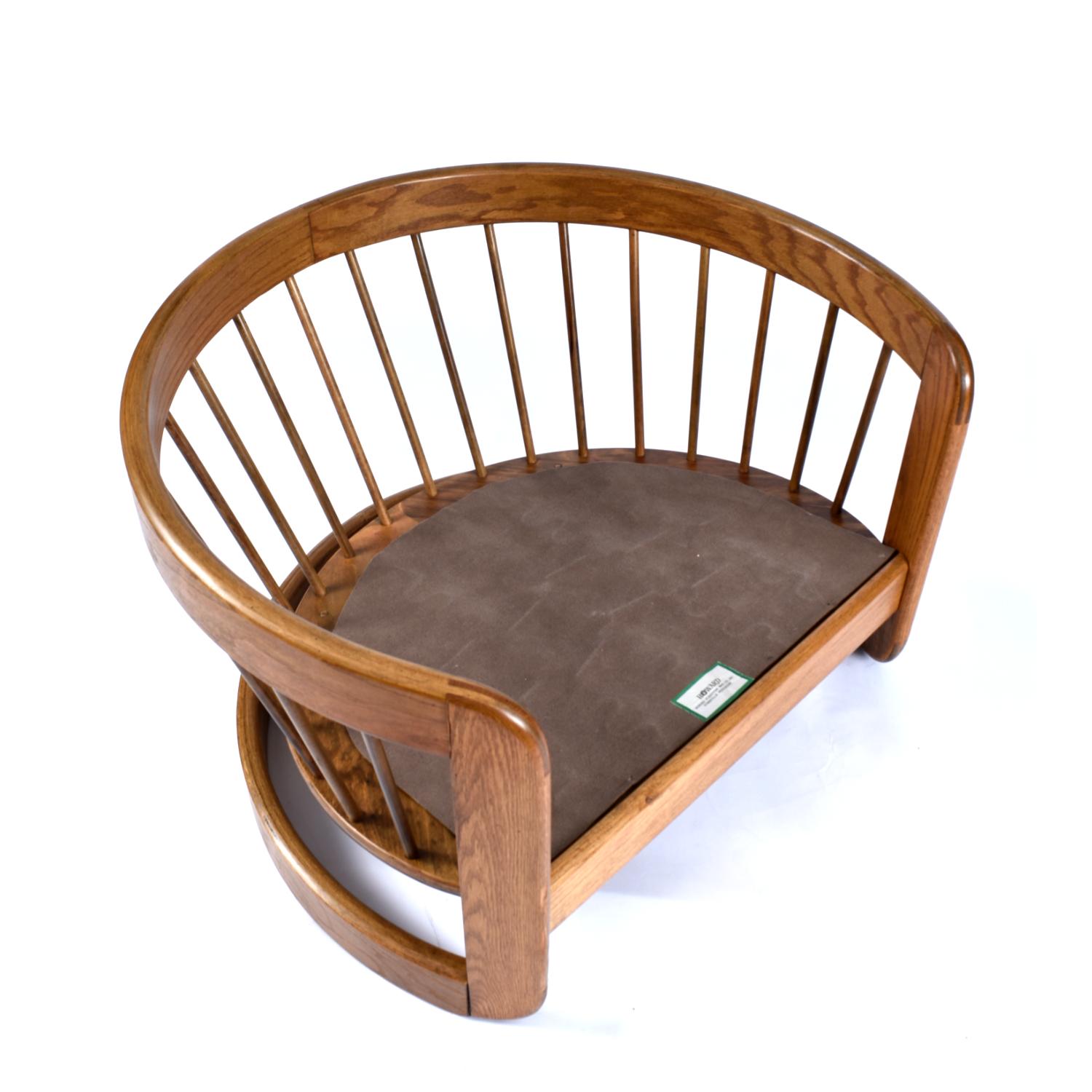CUSTOM ORDER:  (2) Chairs and (2) Ottomans

Comfort is king with this stylish vintage 1980s barrel chair by Howard Furniture. American made, solid oak throughout! The wide and deep chair give the occupant plenty of room to get cozy. The