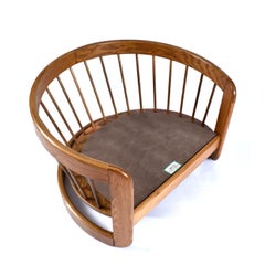 (2) Howard Solid Oak Barrel Shaped Tub Chairs and (2) Ottomans