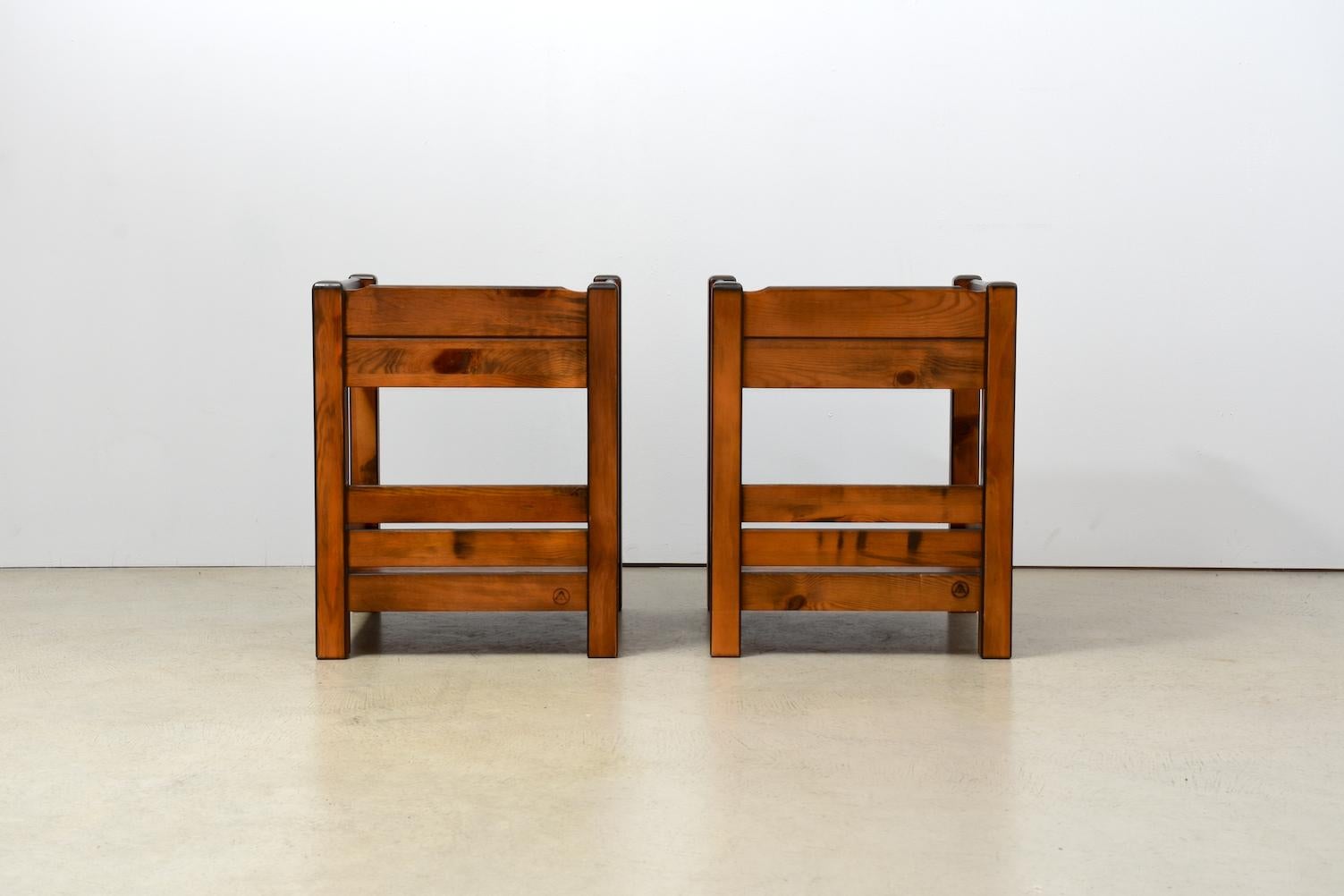Balkan 2 Identical Bedside Tables, 1970s from Former Yugoslavia, Stained Pine Wood For Sale
