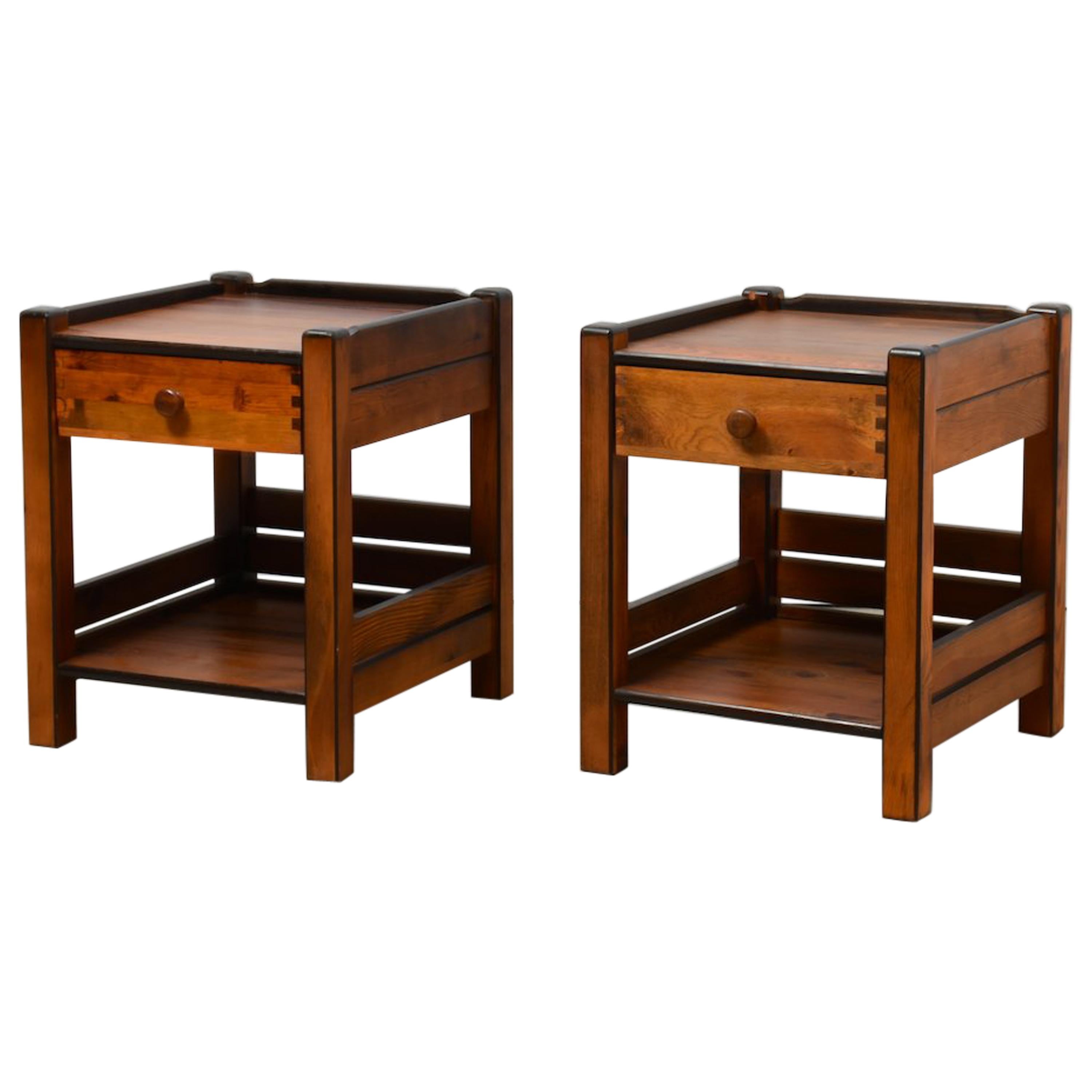 2 Identical Bedside Tables, 1970s from Former Yugoslavia, Stained Pine Wood For Sale
