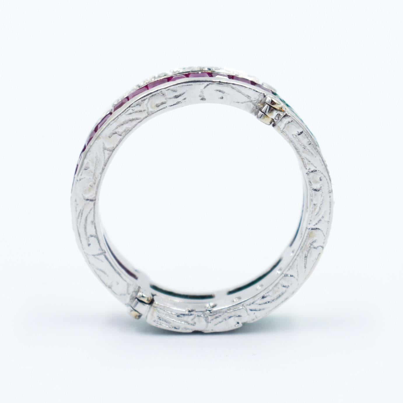 2-in-1 Gold-Hochzeitsring mit Diamanten, Rubinen und Smaragden – Art déco Damen