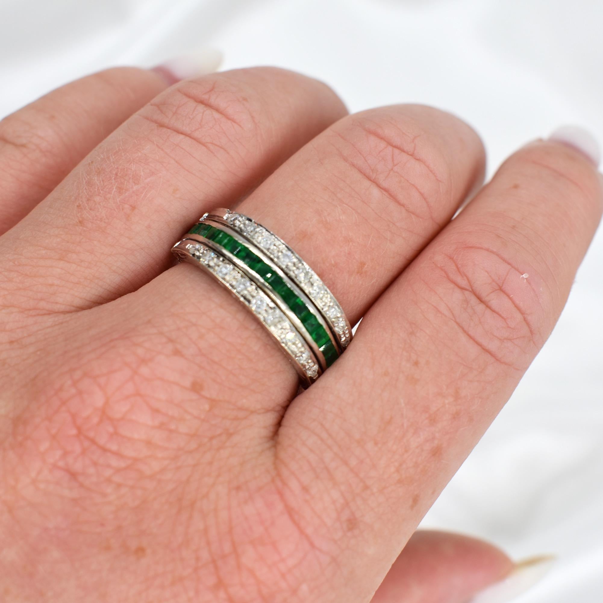 2-in-1 Gold-Hochzeitsring mit Diamanten, Rubinen und Smaragden – Art déco 1