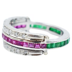 2-in-1 Gold-Hochzeitsring mit Diamanten, Rubinen und Smaragden – Art déco