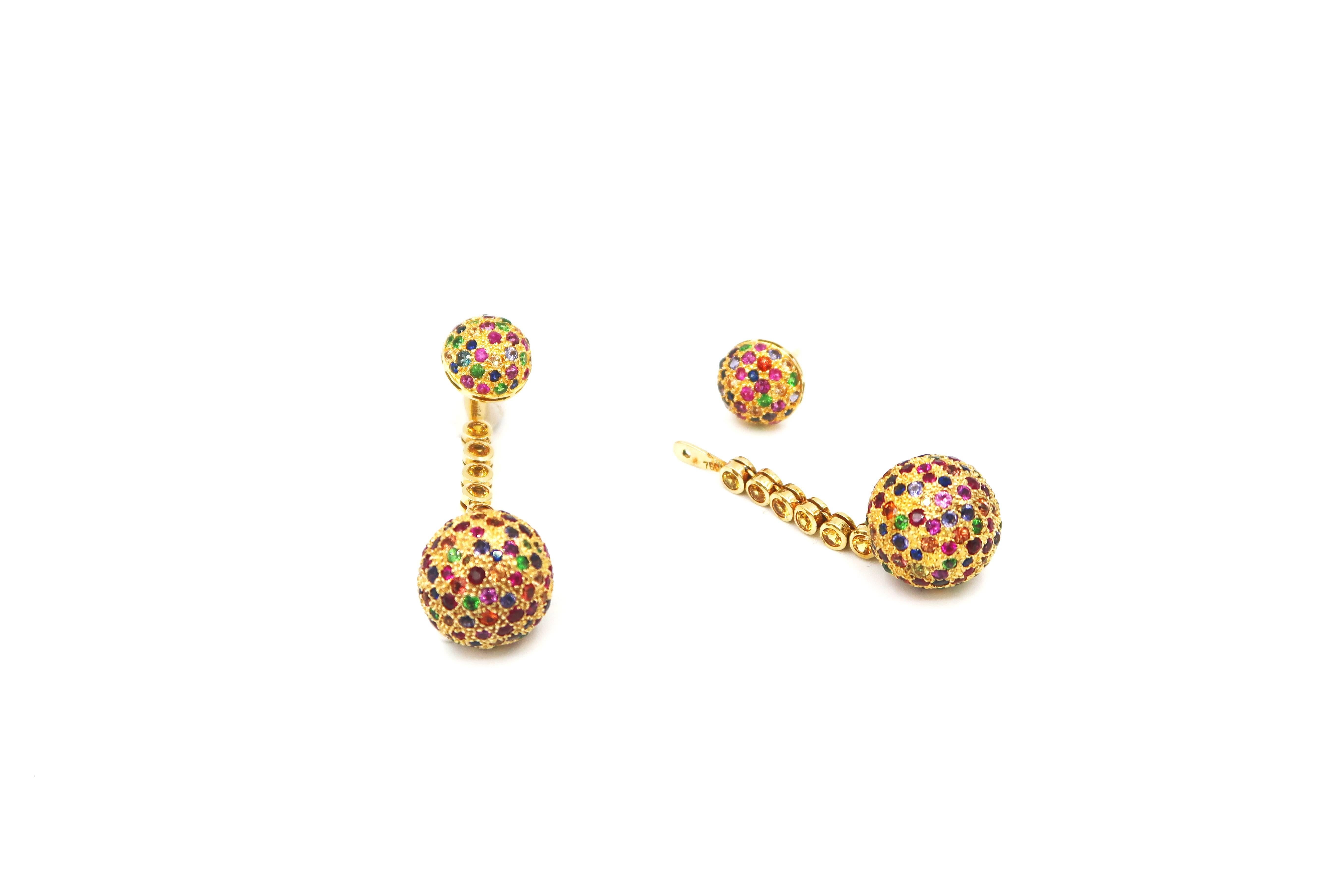 2 in 1 Multicolored Gem Yellow Sapphire Yellow Gold Dangle Ball Earrings Studs In New Condition In Bangkok, TH