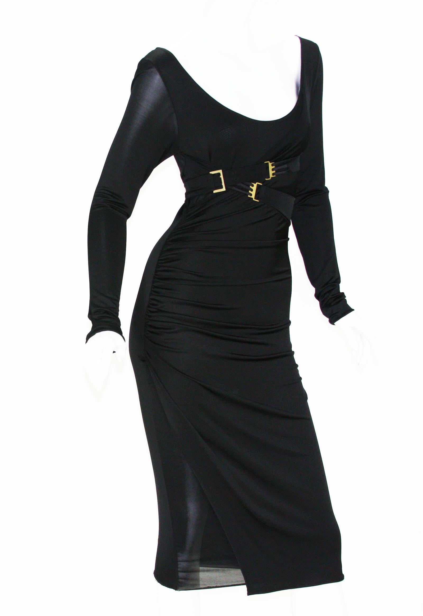 2 IN 1 Unique Tom Ford for Gucci Jersey Stretch Bondage Sexy Cocktail Dress
Available in sizes S and M
Black Stretch Jersey, Rushed and Wrap Details, Bronze-tone Metal Buckles with Gucci Engraving.
Dress Has Cross Over Straps That Can be Tied Around