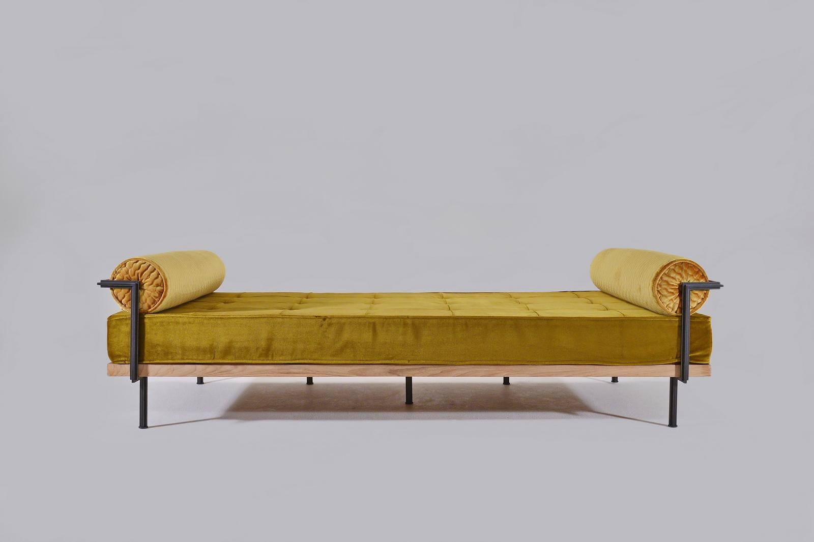 This sofa/daybed is a perfect example of our bespoke service: a New York client wondered if we could add a removable backrest to our daybed? We spent a few hours pondering, cutting, welding and turning to come up with a solution which suited her
