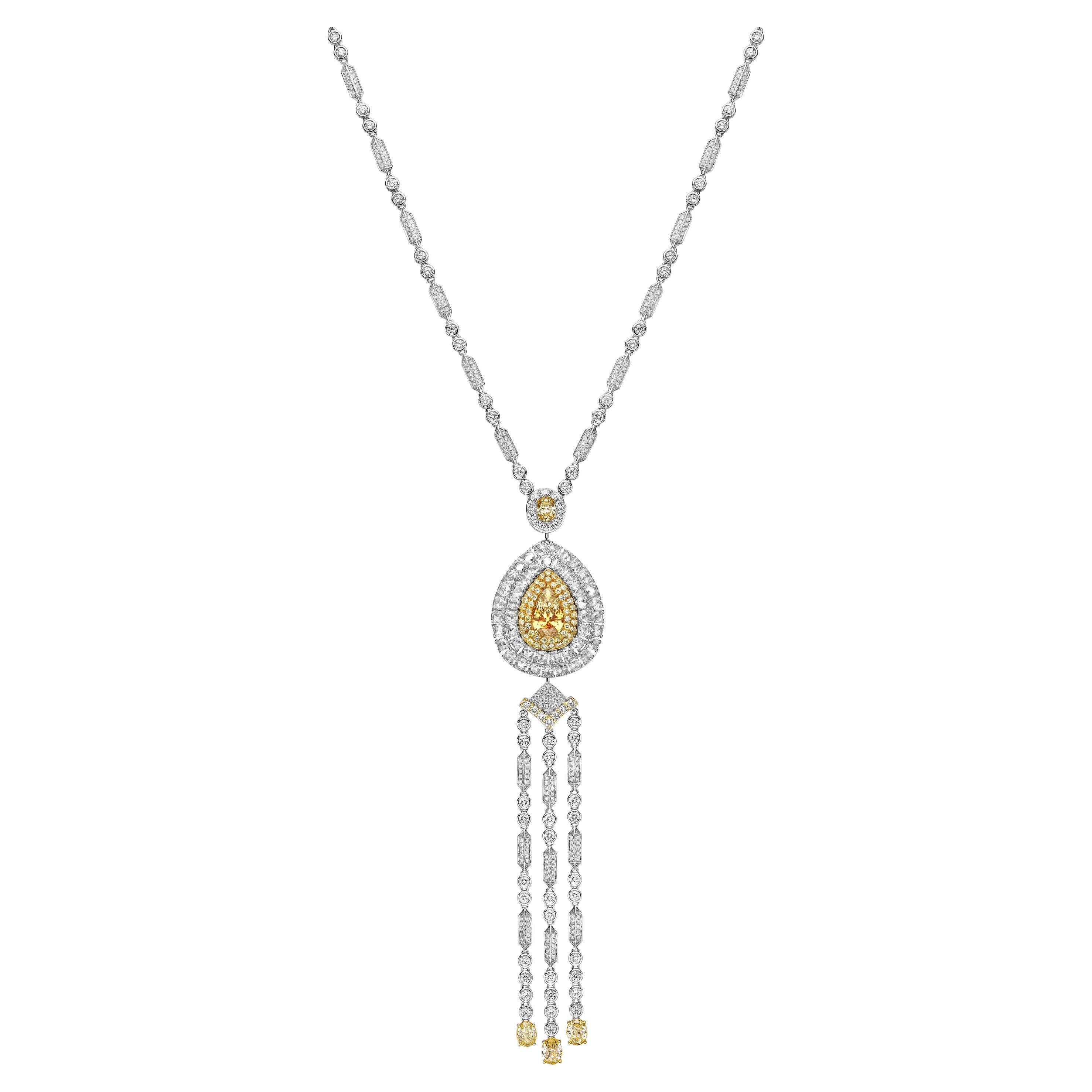 2 in 1 Yellow Diamond Dangle Necklace & Ring in 18 Karat Yellow and White Gold For Sale