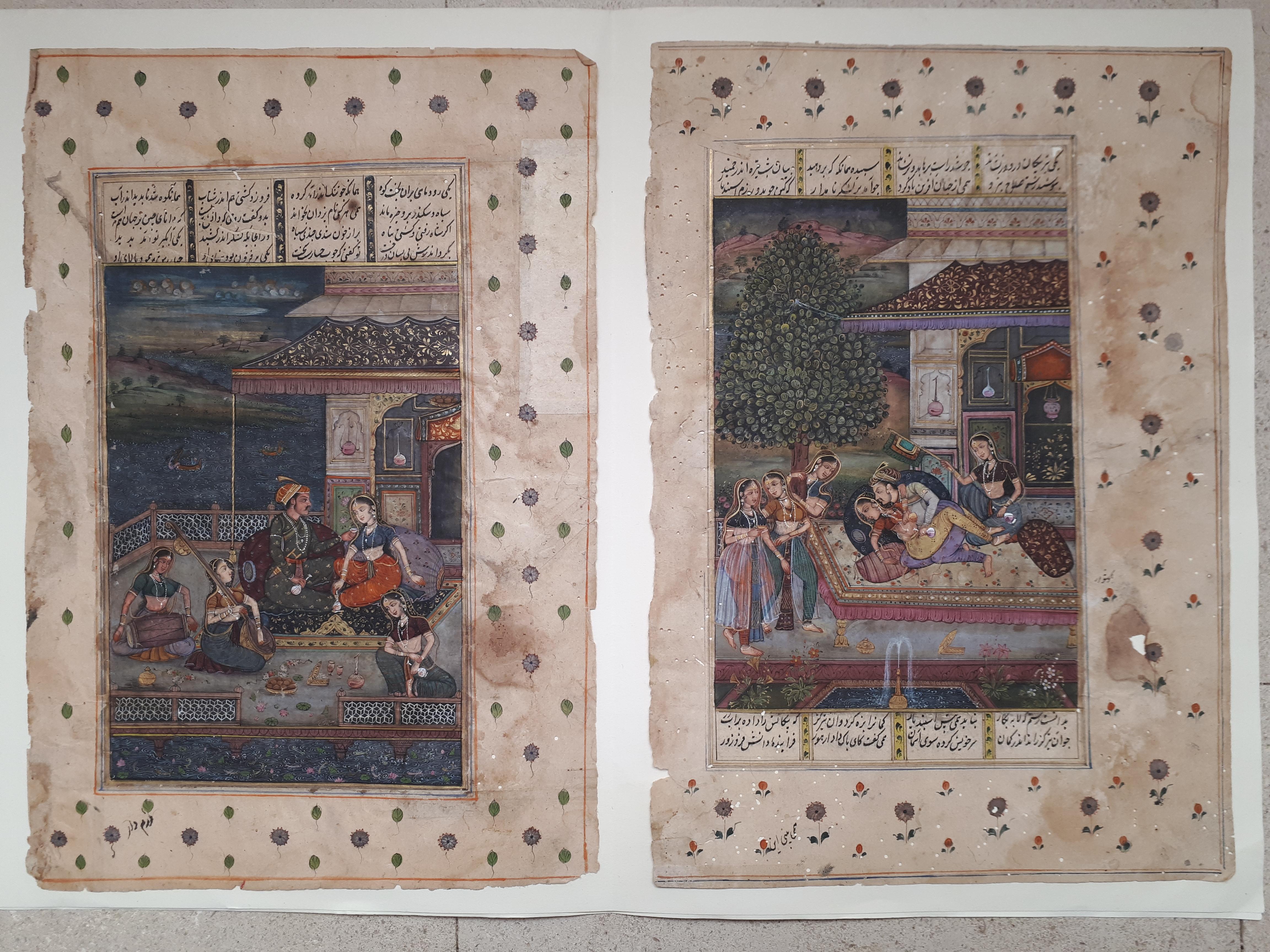 Two Indian miniatures representing gallant scenes, painted with extreme finesse !
Gouache, ink and gold highlights on paper.
Dimensions of the miniatures alone : 14 x 20 cm.