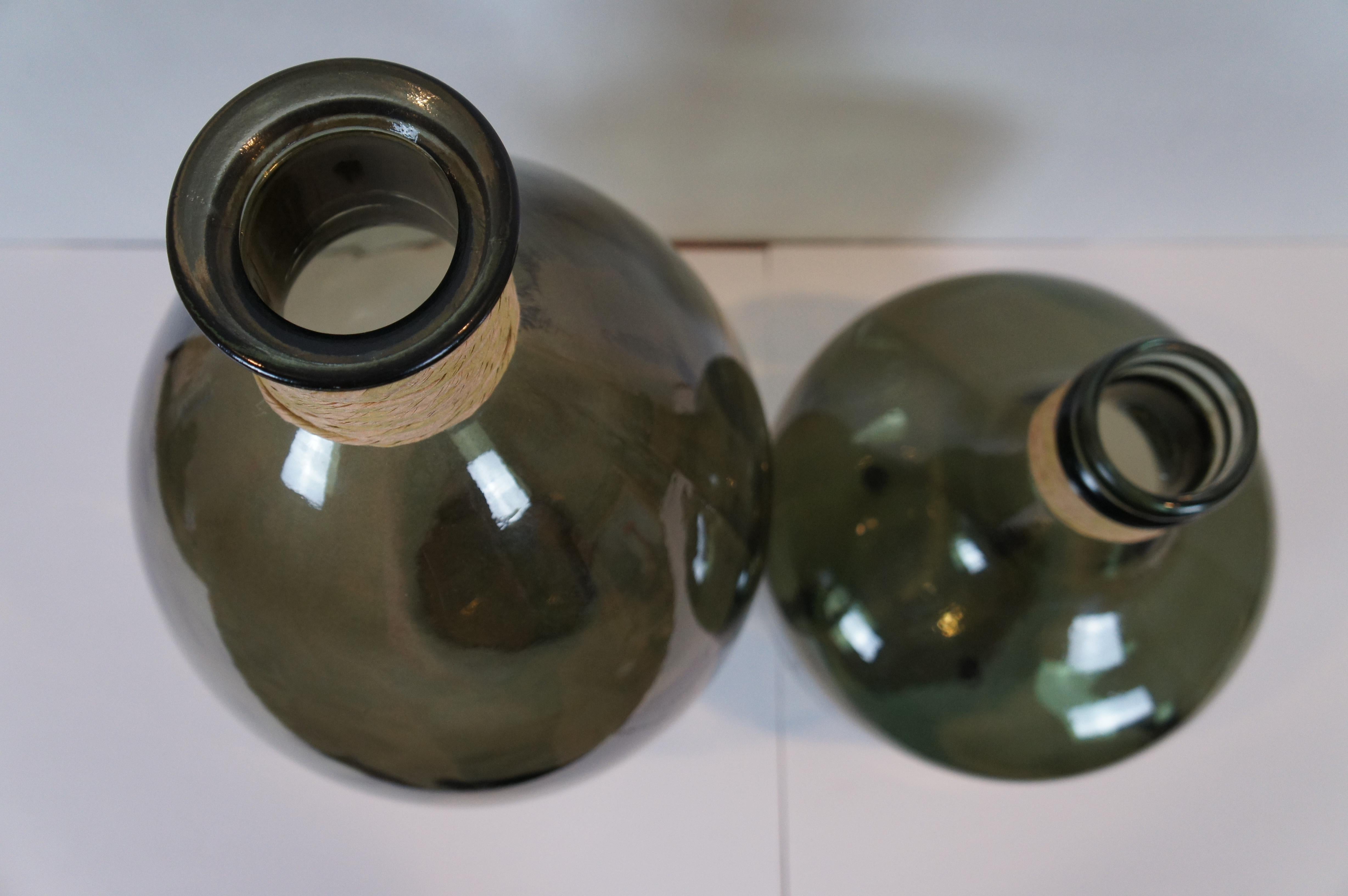 2 Interlude Green Glass Terra Wrapped Demijohn Floor Vases Vessels Spain In Good Condition For Sale In Dayton, OH