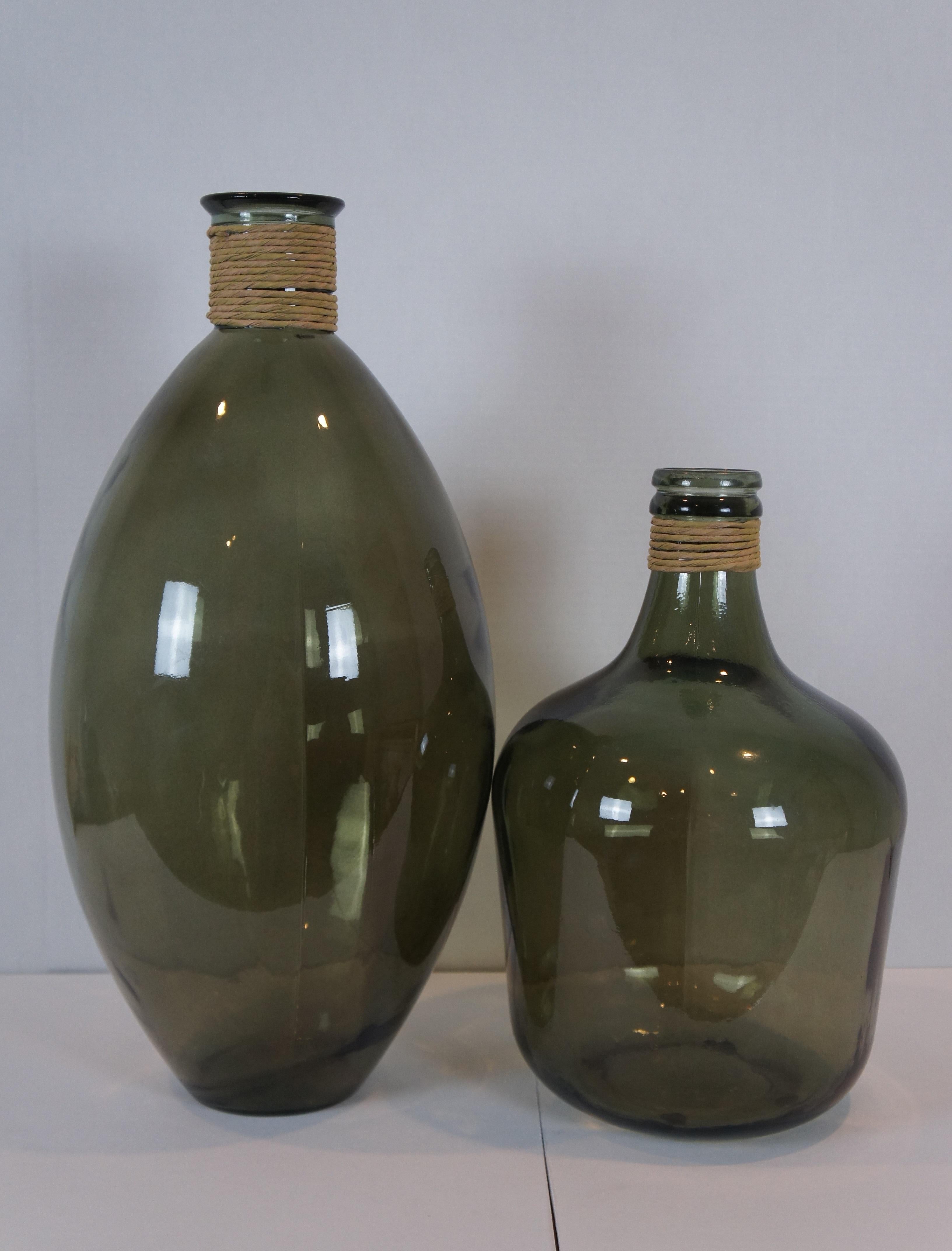 2 Interlude Green Glass Terra Wrapped Demijohn Floor Vases Vessels Spain For Sale 2
