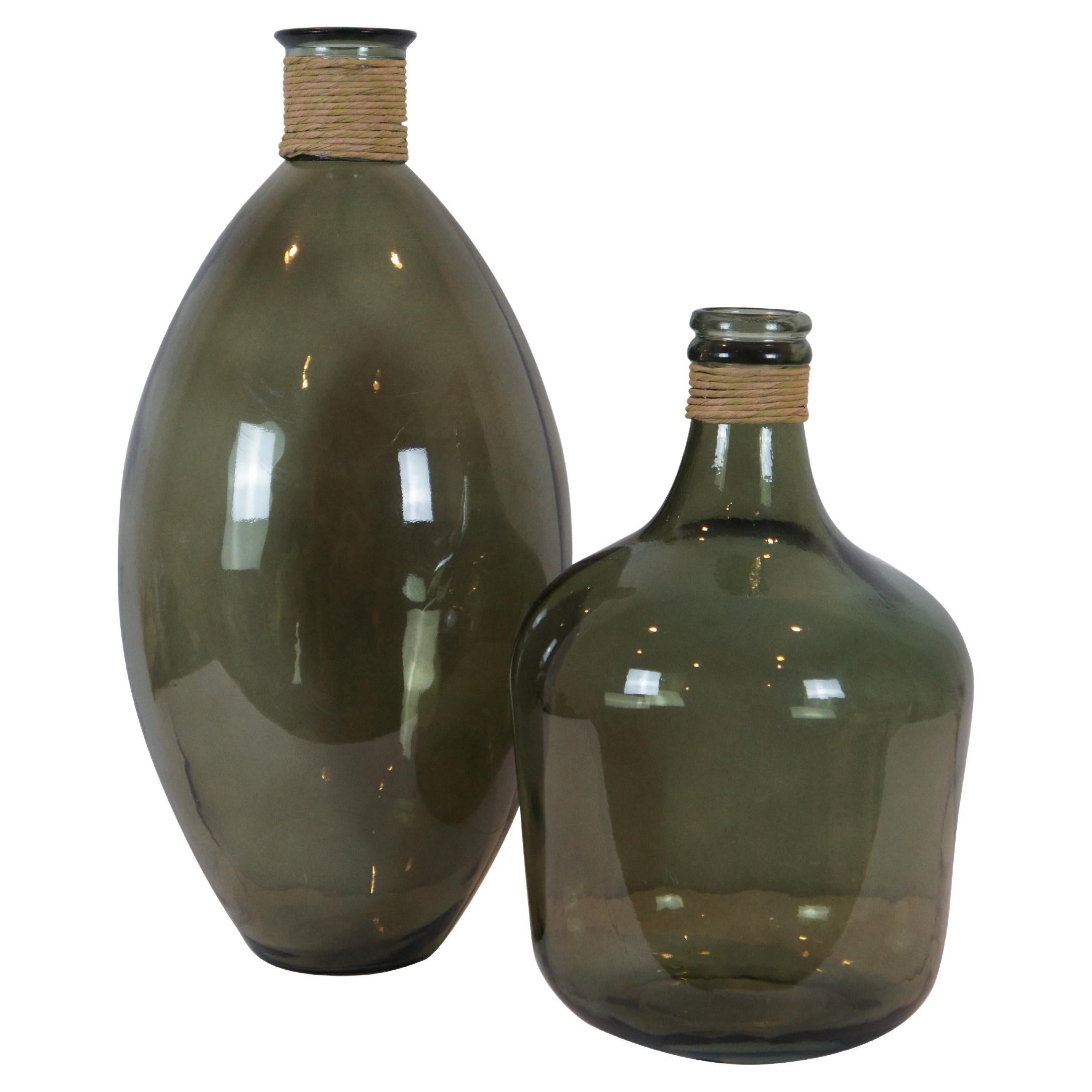 2 Interlude Green Glass Terra Wrapped Demijohn Floor Vases Vessels Spain For Sale