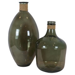 2 Interlude Green Glass Terra Wrapped Demijohn Floor Vases Vessels Spain