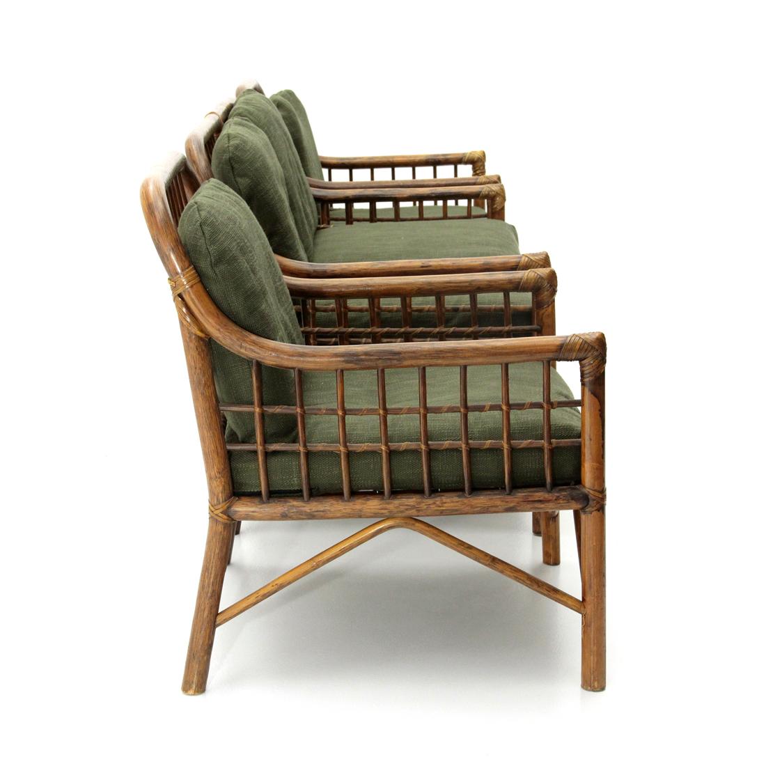 Mid-Century Modern 2 Italian Armchairs and Sofa in Woven Rattan and Green Fabric, 1970s