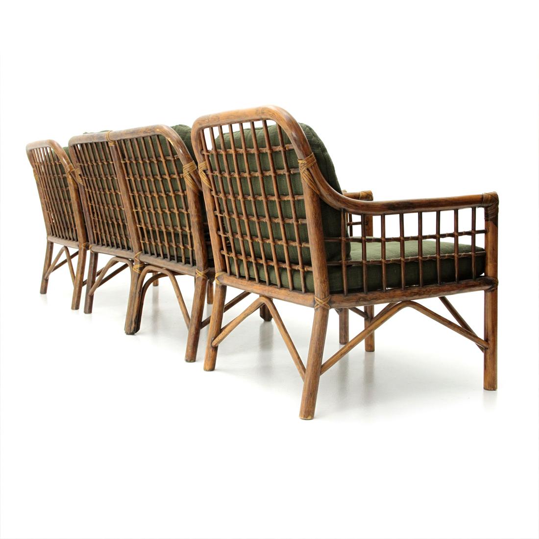 2 Italian Armchairs and Sofa in Woven Rattan and Green Fabric, 1970s In Good Condition In Savona, IT