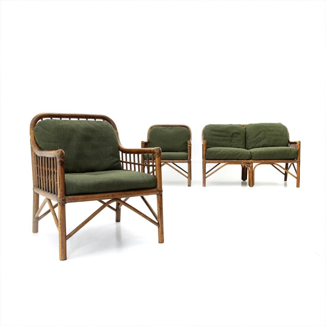 Late 20th Century 2 Italian Armchairs and Sofa in Woven Rattan and Green Fabric, 1970s