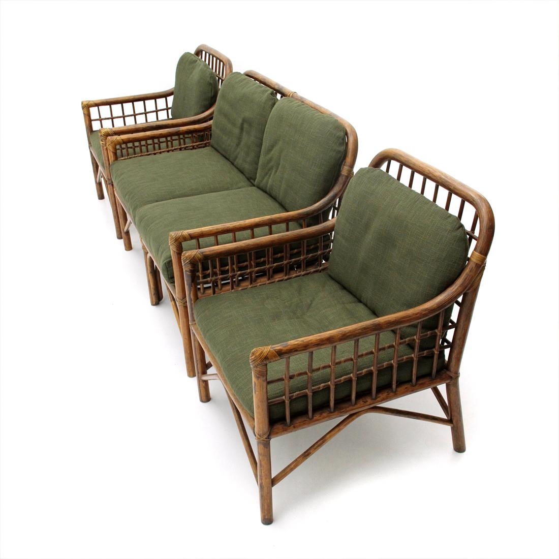 2 Italian Armchairs and Sofa in Woven Rattan and Green Fabric, 1970s 1
